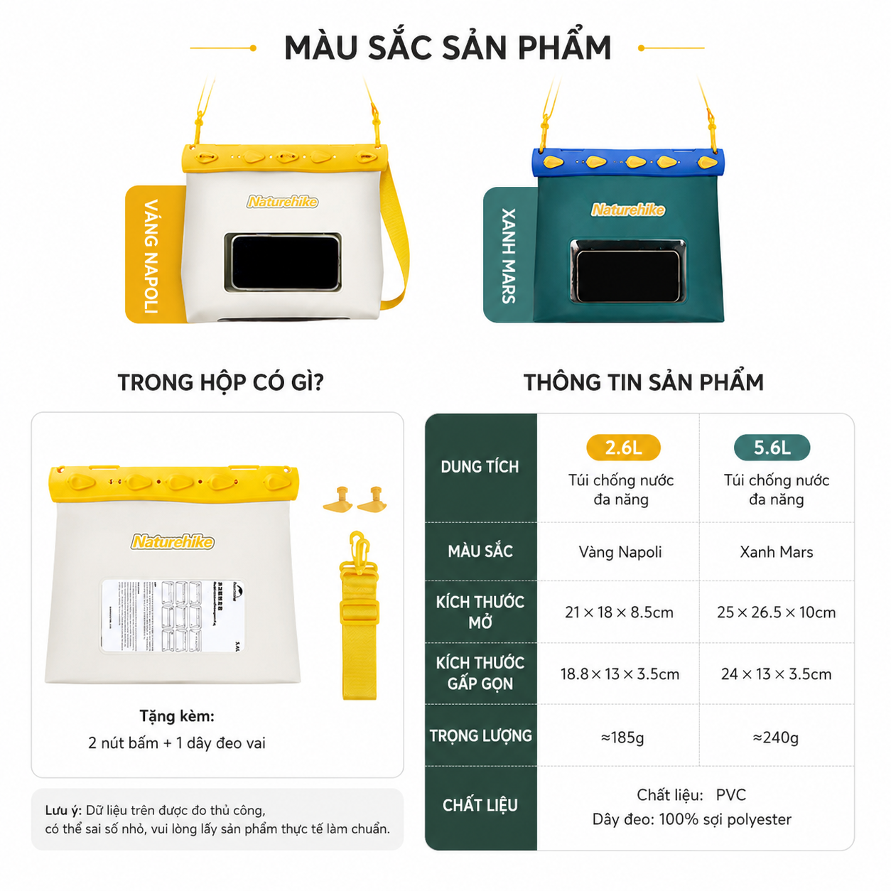 Túi Chống Nước Naturehike 2.6L/5.6L Đựng Điện Thoại, Túi Đeo Chéo Đi Biển Chèo SUP PVC CNK2300BS016