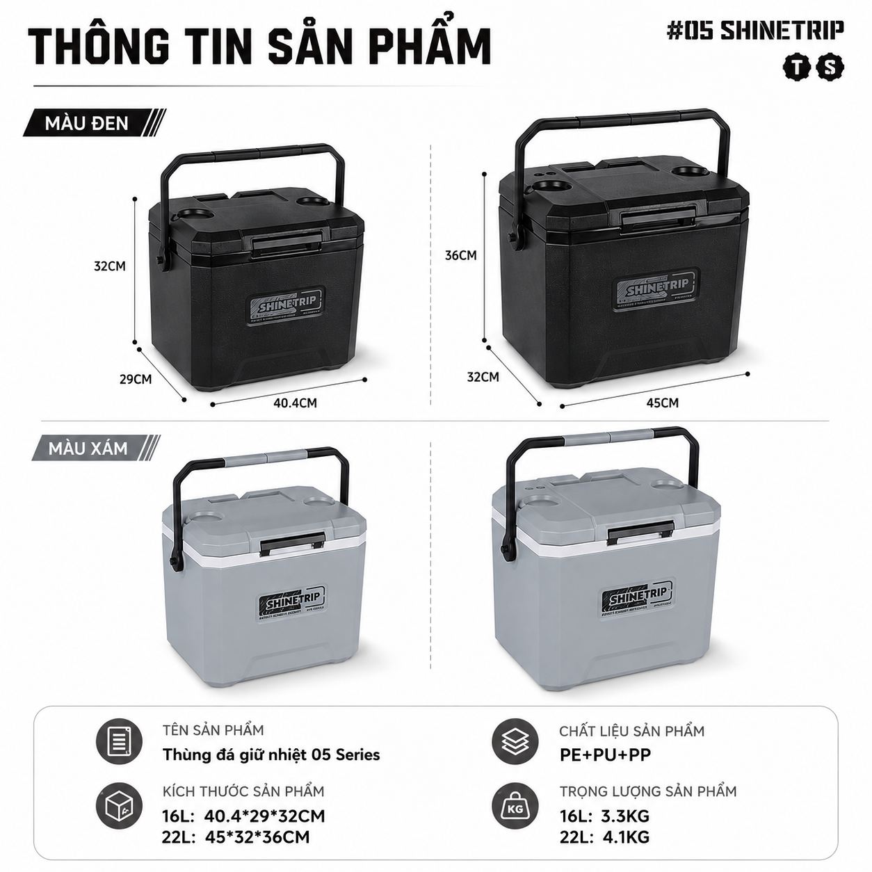 Thùng Đá Giữ Nhiệt ShineTrip 05 Series 16L/22L - Thùng Đựng Đá Camping Giữ Lạnh 72H Có Khay Phân Loại, Cách Nhiệt PU Cao