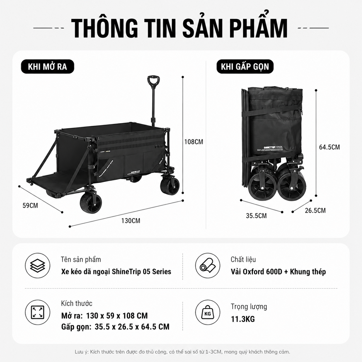 Xe Kéo Camping ShineTrip ST05 Tactical 495L Gấp Gọn Có Tay Kéo Mở Rộng Bánh Xe 10cm Phanh Kép