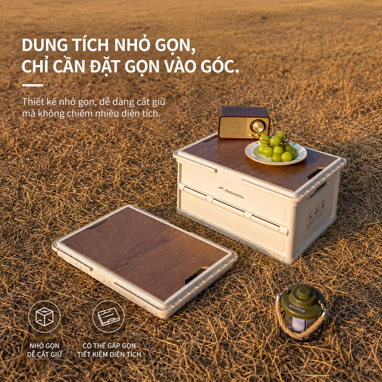 Thùng Đựng Đồ Gấp Gọn Naturehike 25L Có Mặt Bàn Vân Gỗ, Tay Xách, Xếp Chồng Đa Năng CNK2550XB017