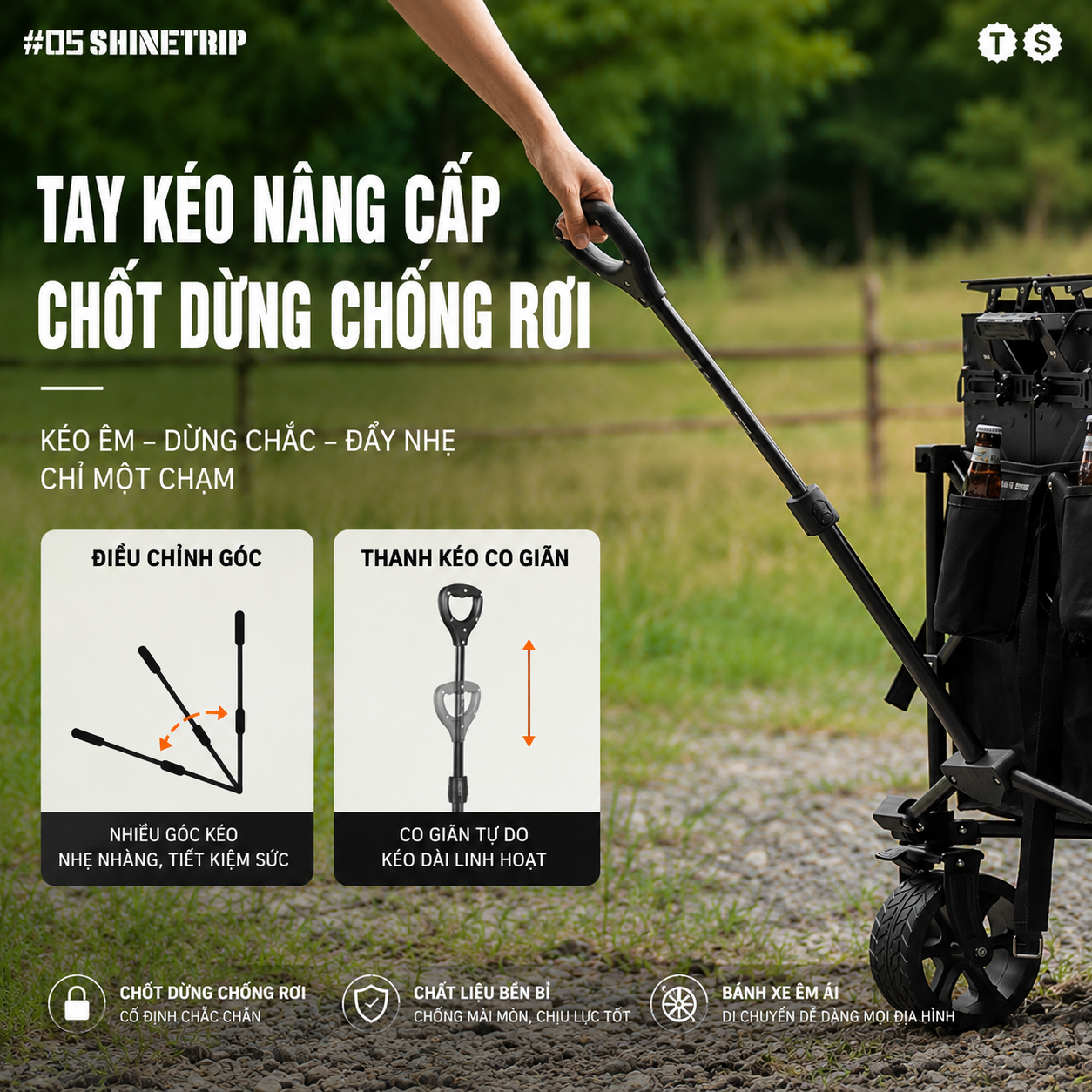 Xe Kéo Camping ShineTrip ST05 Tactical 495L Gấp Gọn Có Tay Kéo Mở Rộng Bánh Xe 10cm Phanh Kép