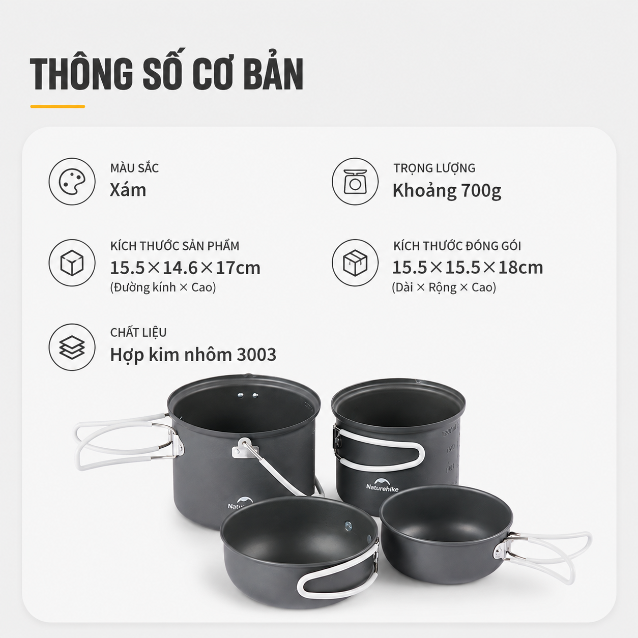 Bộ Nồi Dã Ngoại Naturehike 4 Món Hợp Kim Nhôm 3003 Chống Dính, Tay Cầm Gấp Gọn NH18T018-G