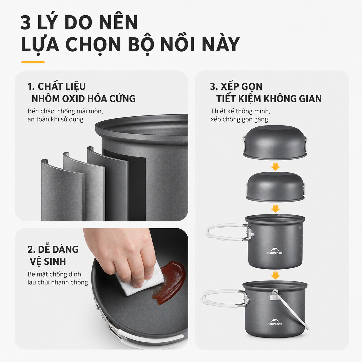 Bộ Nồi Dã Ngoại Naturehike 4 Món Hợp Kim Nhôm 3003 Chống Dính, Tay Cầm Gấp Gọn NH18T018-G