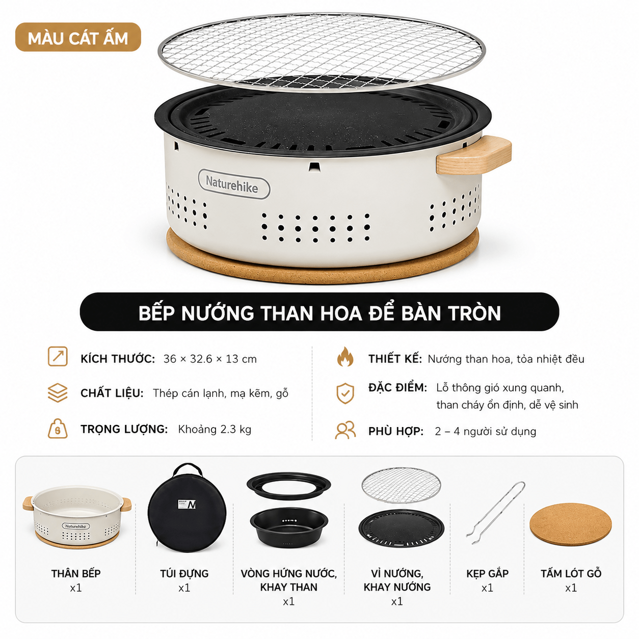 Bếp Nướng Than Hoa Naturehike Để Bàn Tròn 30cm, Bếp Nướng BBQ Camping Dã Ngoại CNK2550CF010