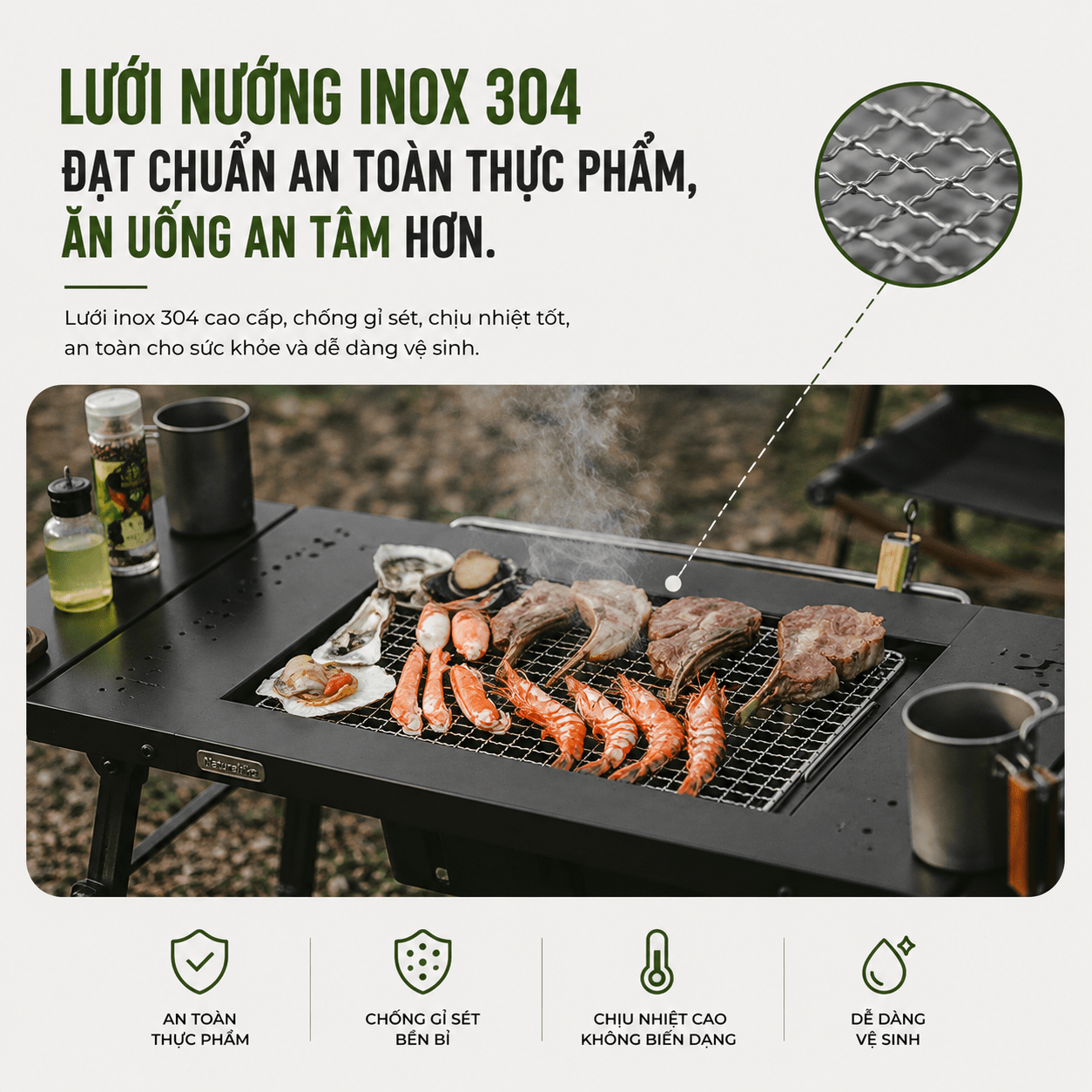 Bàn IGT Naturehike Đa Năng Tích Hợp Bếp Nướng BBQ, Bàn Camping Gấp Gọn Inox 304 Có Thanh Treo Đèn CNK2350CF018