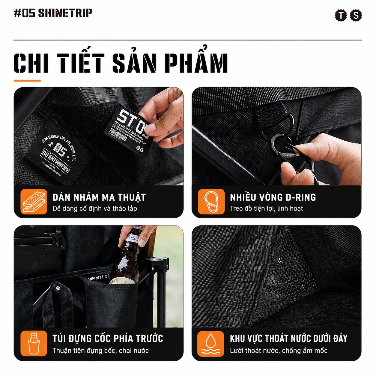 Xe Kéo Camping ShineTrip ST05 Tactical 495L Gấp Gọn Có Tay Kéo Mở Rộng Bánh Xe 10cm Phanh Kép