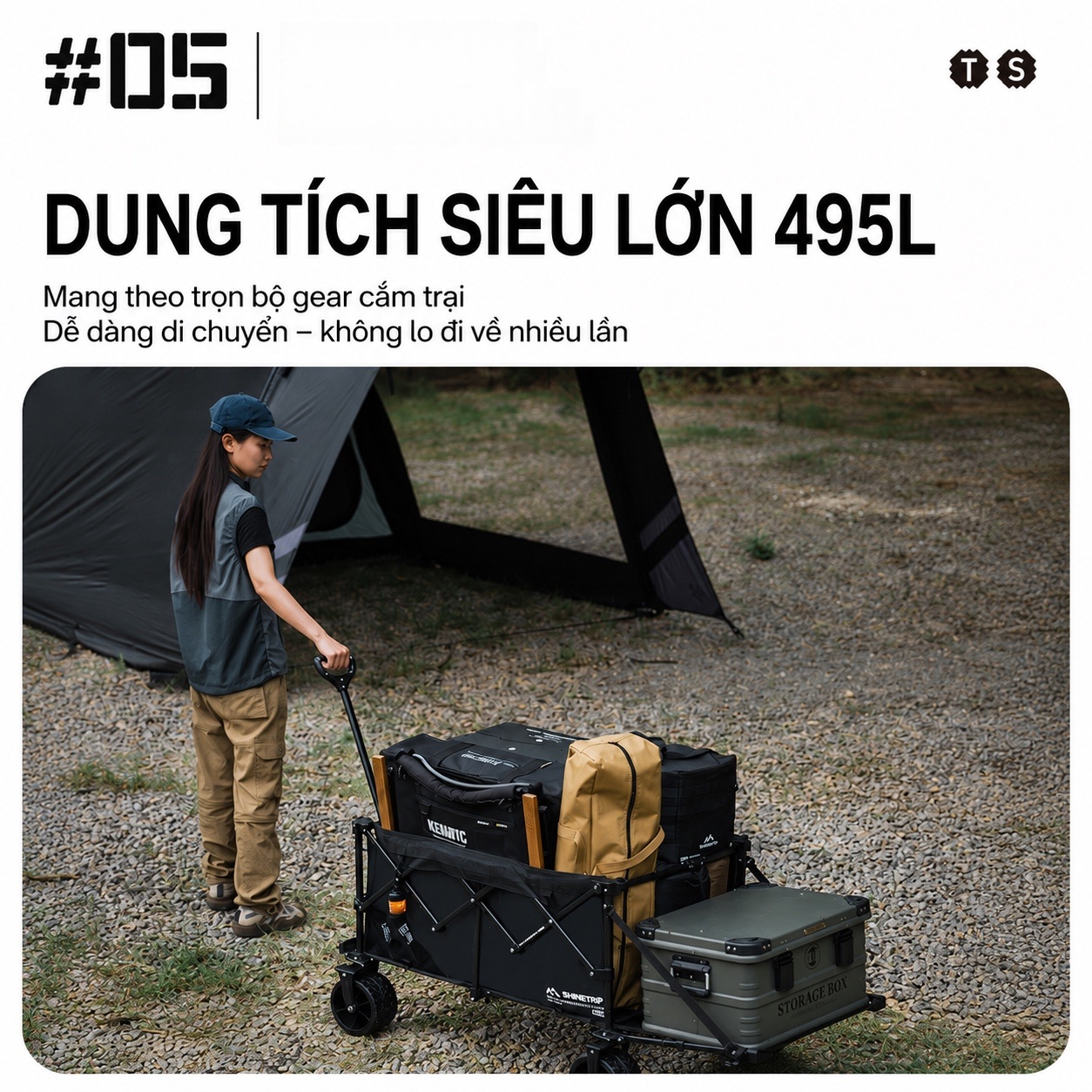 Xe Kéo Camping ShineTrip ST05 Tactical 495L Gấp Gọn Có Tay Kéo Mở Rộng Bánh Xe 10cm Phanh Kép