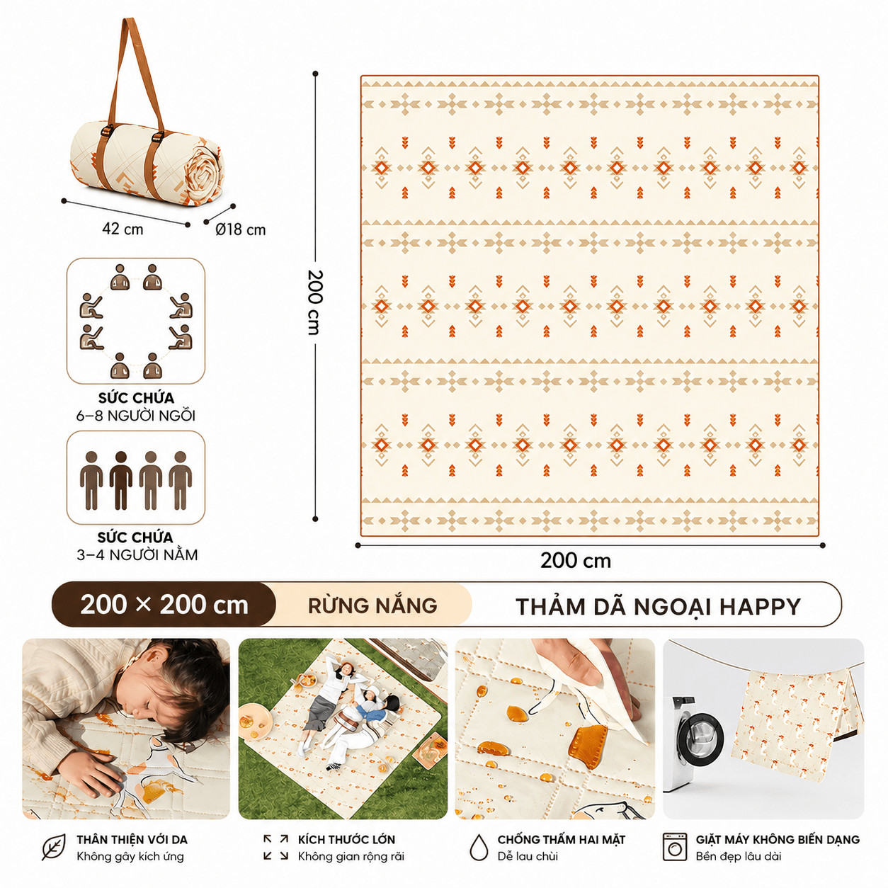Thảm Dã Ngoại Naturehike Chống Thấm 2 Mặt Thảm Camping Picnic Gấp Gọn, Chần Bông Êm, Giặt Máy CNK2350WS010