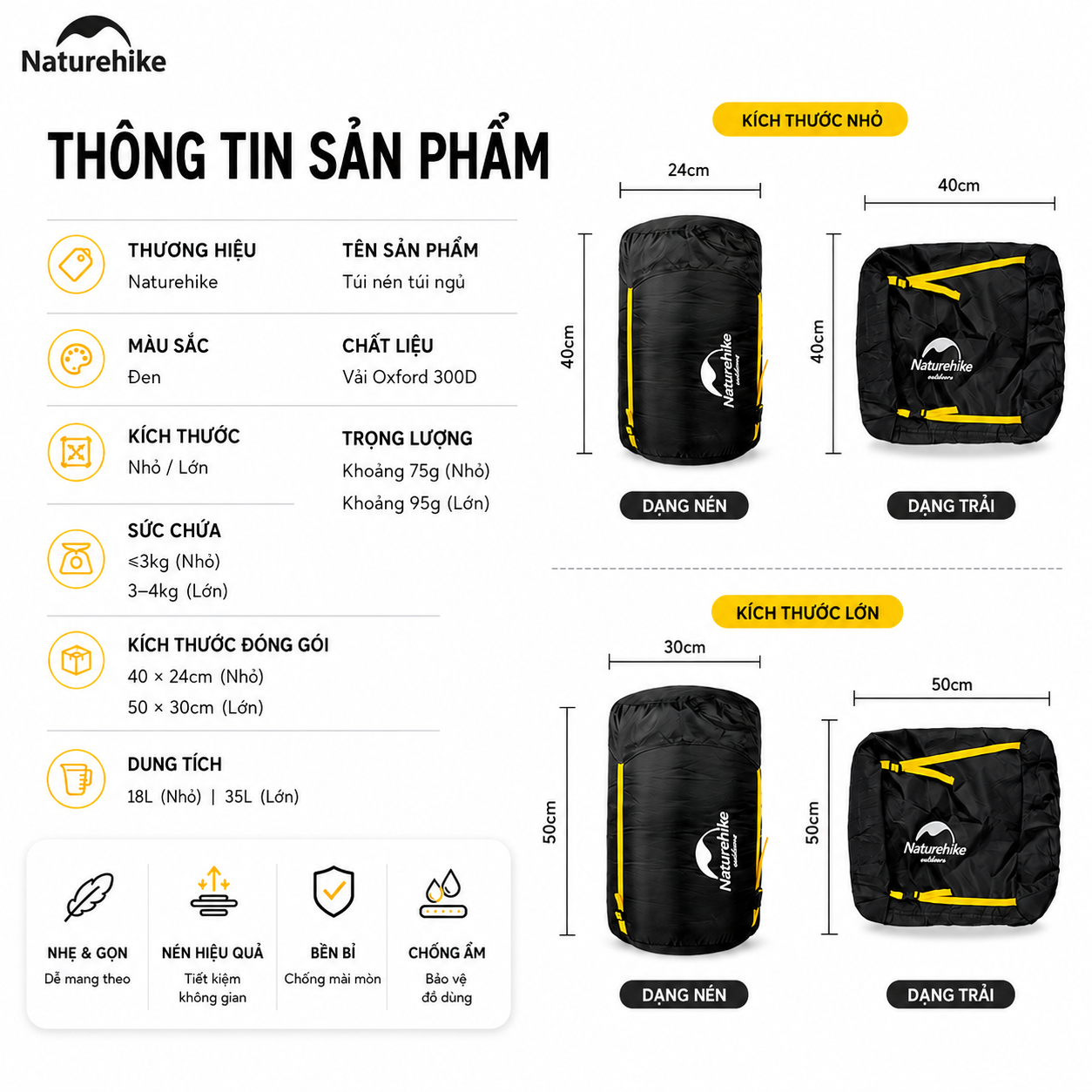 Túi Nén Túi Ngủ Naturehike 35L Chống Nước Vải Oxford 300D, Túi Nén Đồ Camping Du Lịch Gọn Nhẹ NH19PJ020