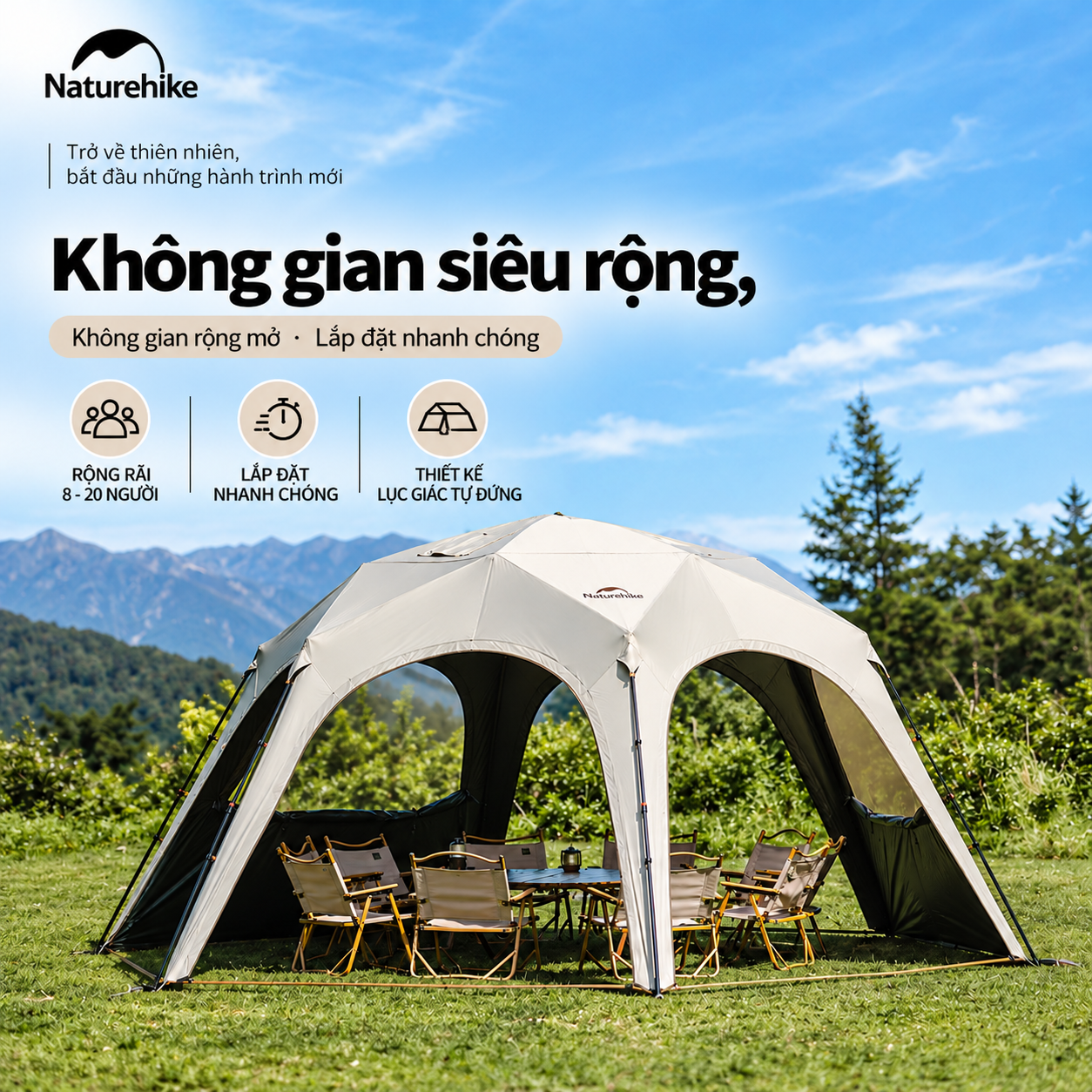 Lều Mái Vòm Lục Giác Naturehike 14m², Lều Cắm Trại Dã Ngoại Gia Đình Chống Nắng Chống Thấm CNK230WS014