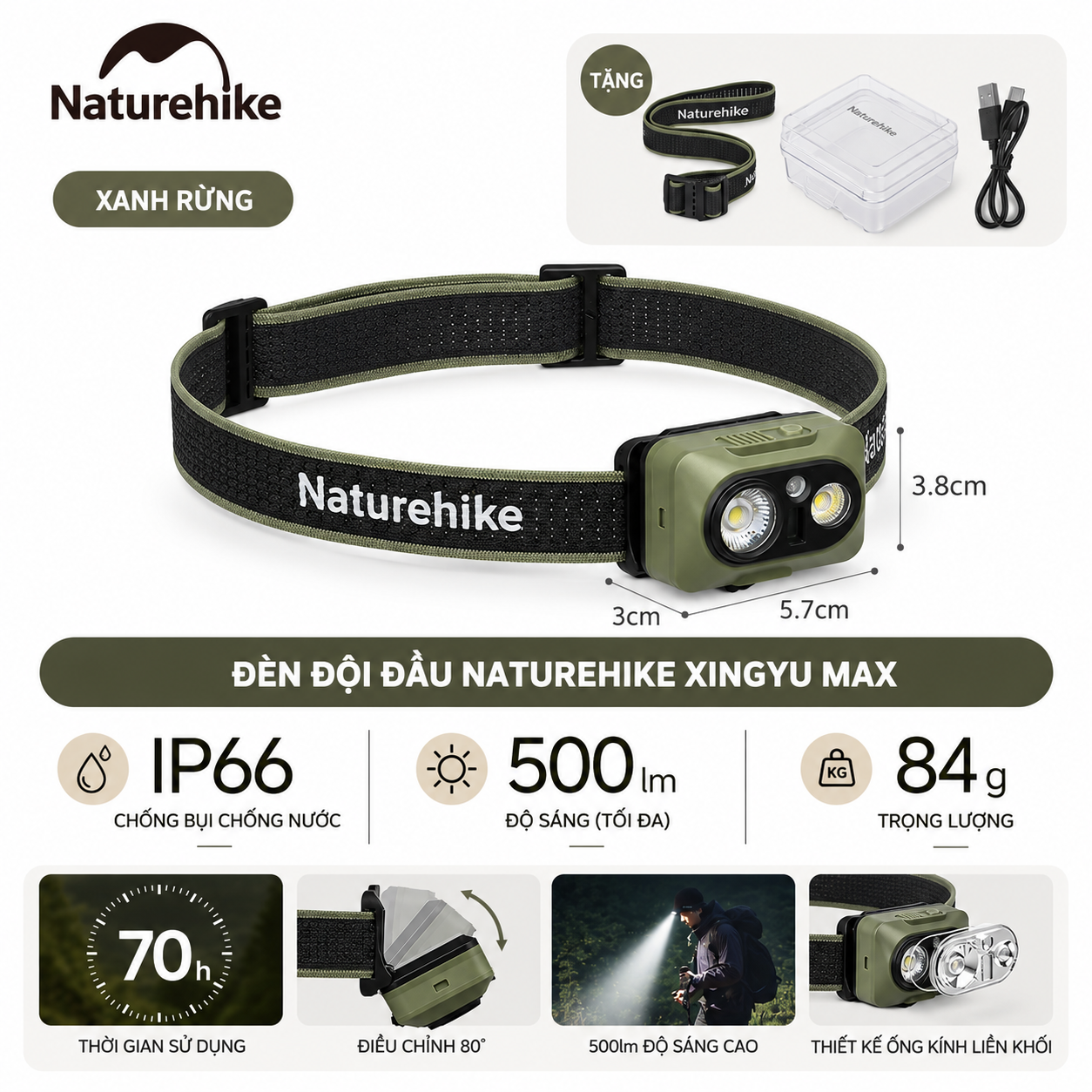 Đèn Đội Đầu Naturehike Xingyu Max – 500LM | IP66 | 84g | Type-C CNK2450ZM010