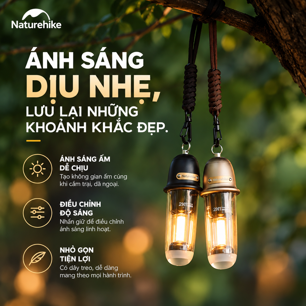 Đèn treo dã ngoại naturehike 2 trong 1 – Đèn camping mini, 2 chế độ sáng, Sạc Type-c CNK2350ZM010