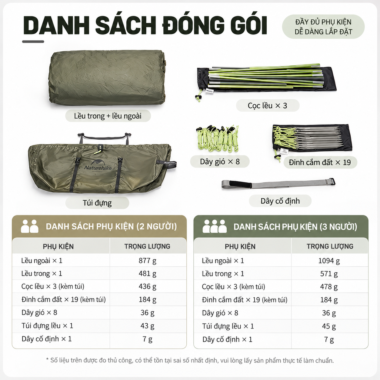 Lều Đường Hầm Naturehike 3 Người Siêu Nhẹ, Lều Camping 4 Mùa Nylon 15D Chống Thấm CNK2450WS036