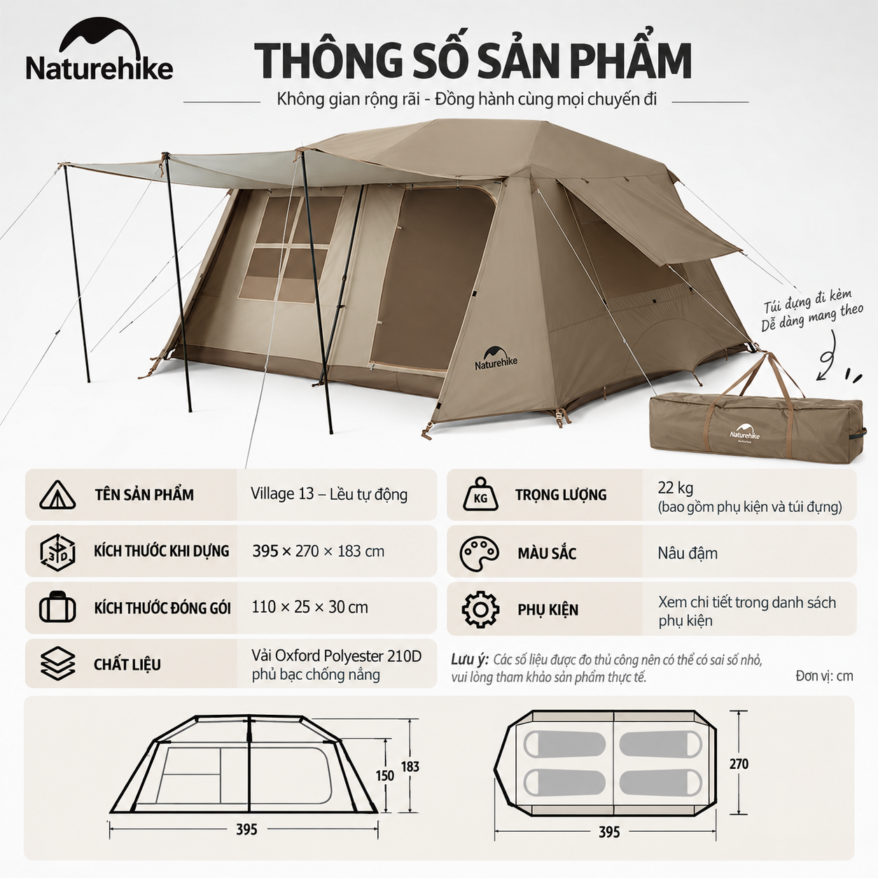 Lều Cắm Trại Naturehike Village 13 Tự Động, Lều Gia Đình 4-6 Người Rộng Rãi, Oxford 210D Tiblack Chống Nắng CNH22ZP004