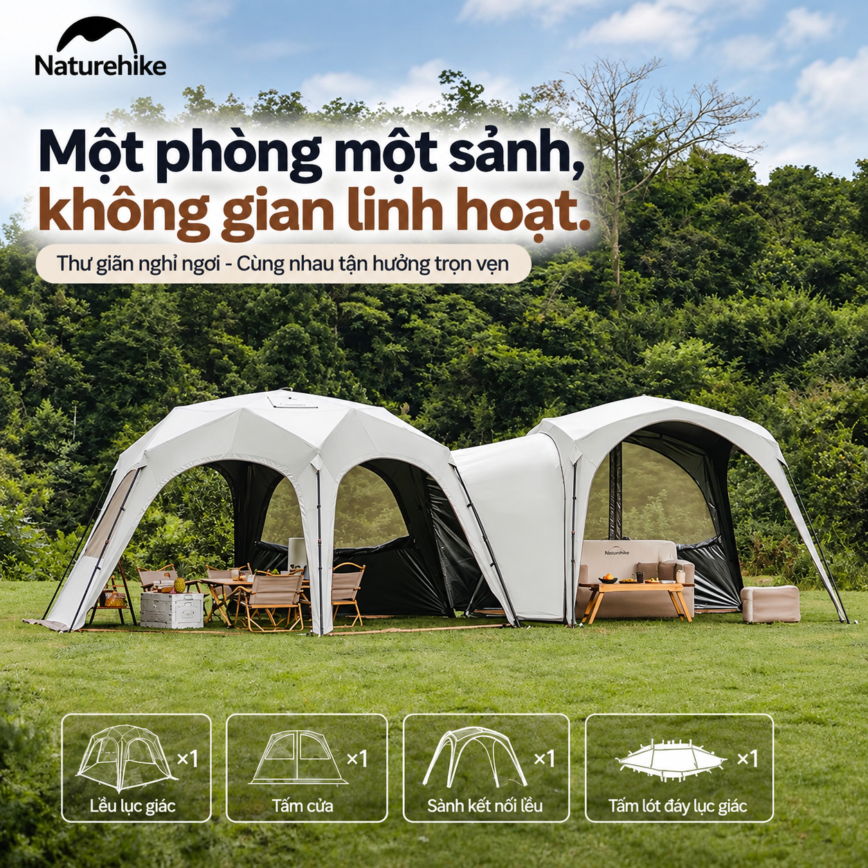 Lều Mái Vòm Lục Giác Naturehike 14m², Lều Cắm Trại Dã Ngoại Gia Đình Chống Nắng Chống Thấm CNK230WS014
