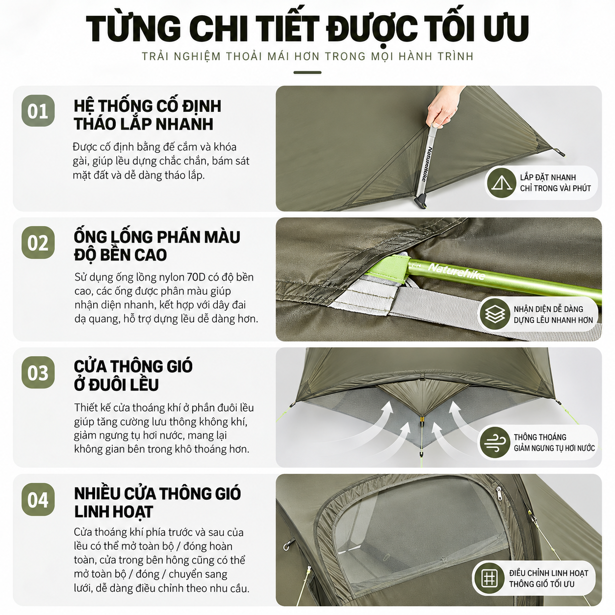 Lều Đường Hầm Naturehike 3 Người Siêu Nhẹ, Lều Camping 4 Mùa Nylon 15D Chống Thấm CNK2450WS036