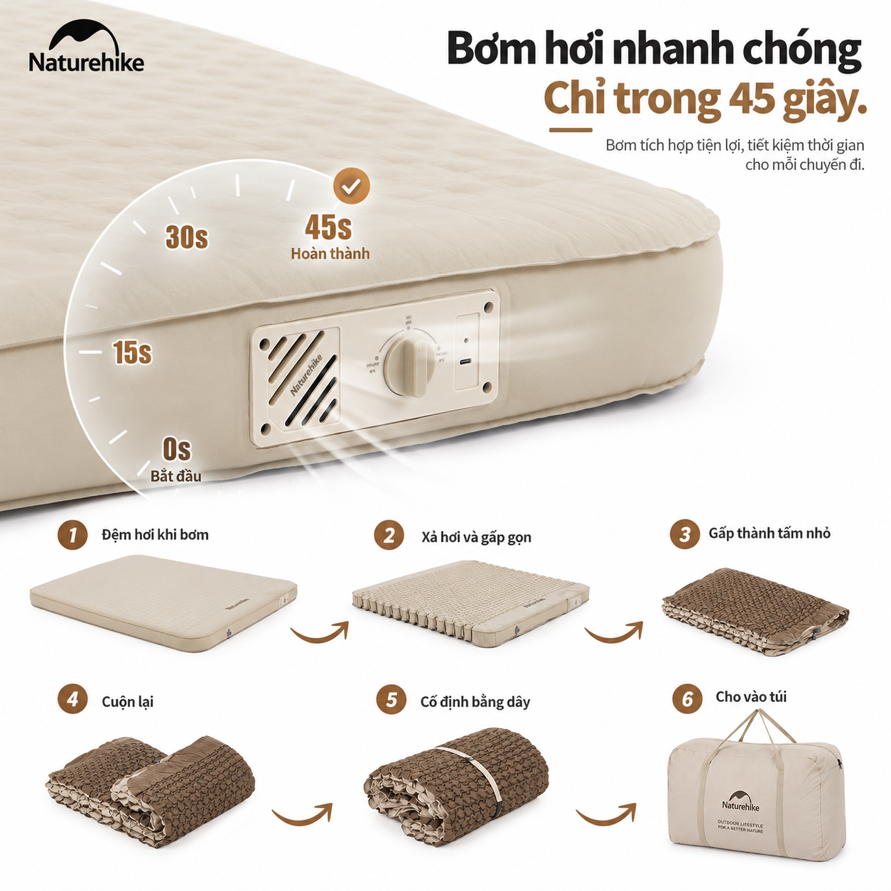 Đệm hơi tự bơm naturehike c12 – đệm ngủ camping 12cm, nhiều kích thước, êm ái & thoải mái CNK2300WS011
