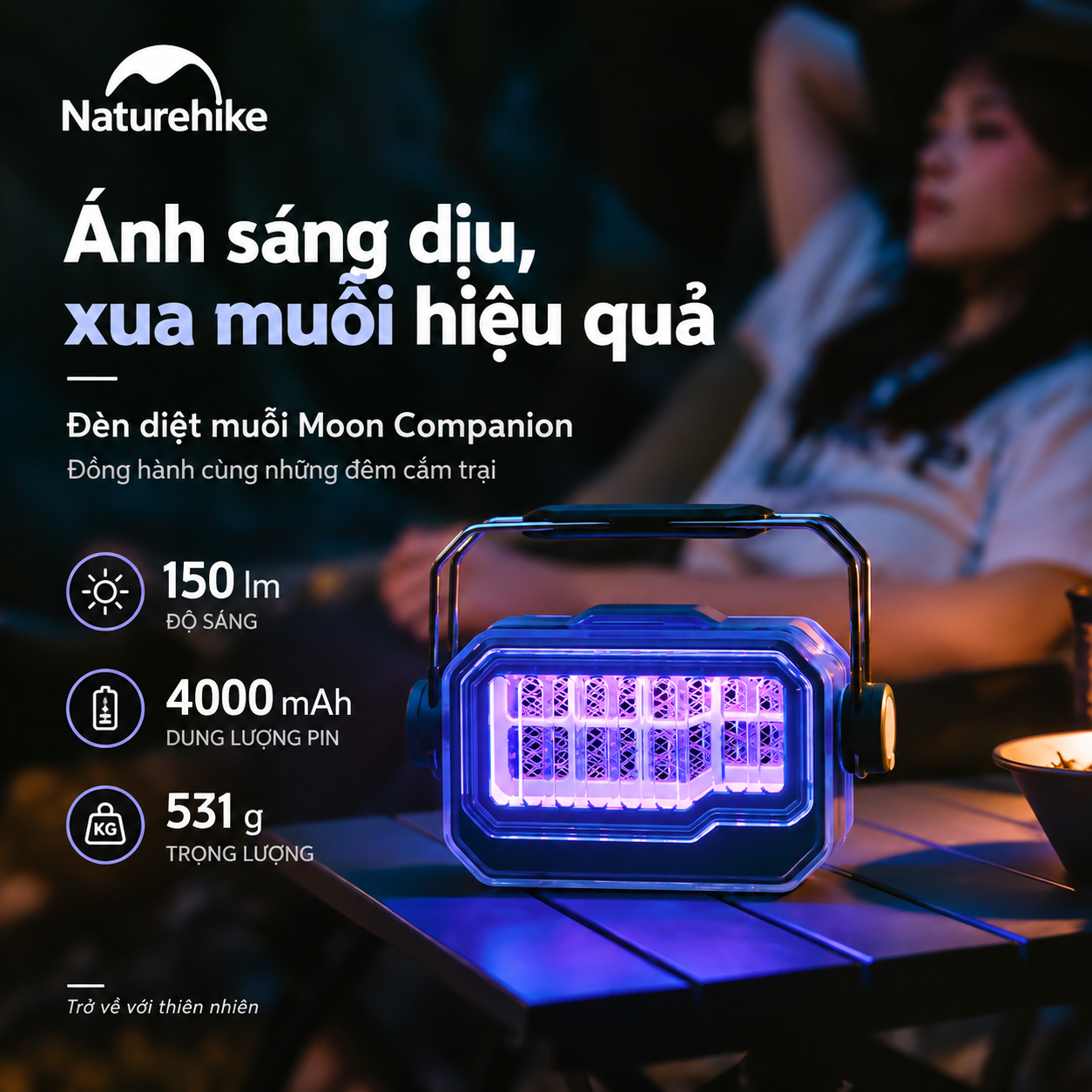 Đèn Diệt Muỗi Cắm Trại Naturehike Moon Companion 4000mAh – 150lm, 1000V, Sạc Type-C, 40 Giờ CNK2550ZM013