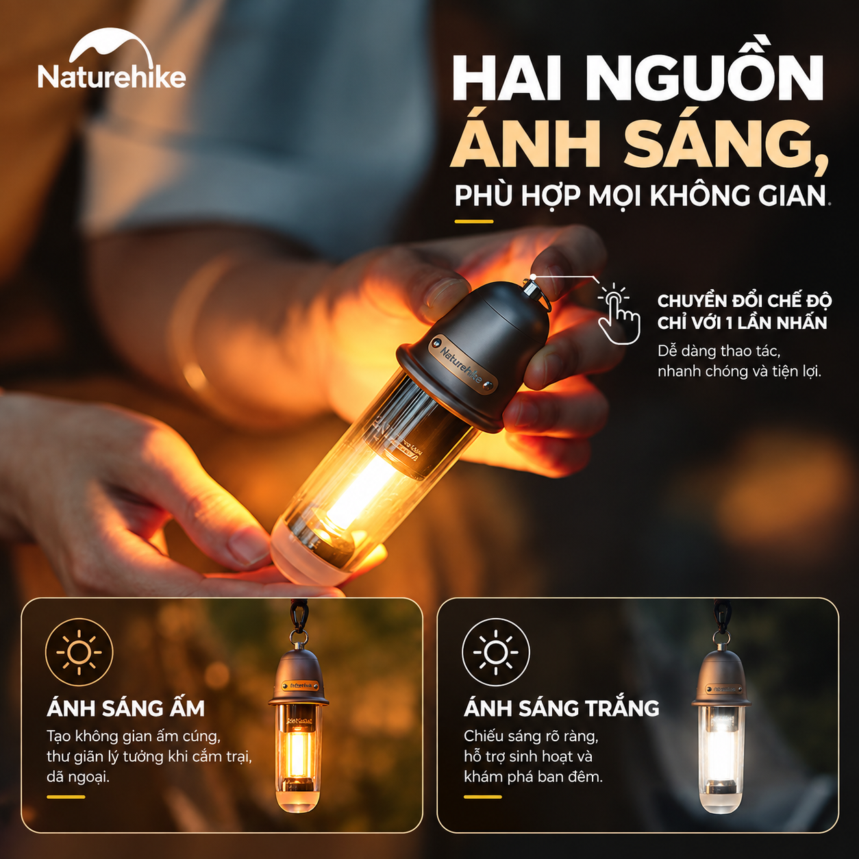 Đèn treo dã ngoại naturehike 2 trong 1 – Đèn camping mini, 2 chế độ sáng, Sạc Type-c CNK2350ZM010