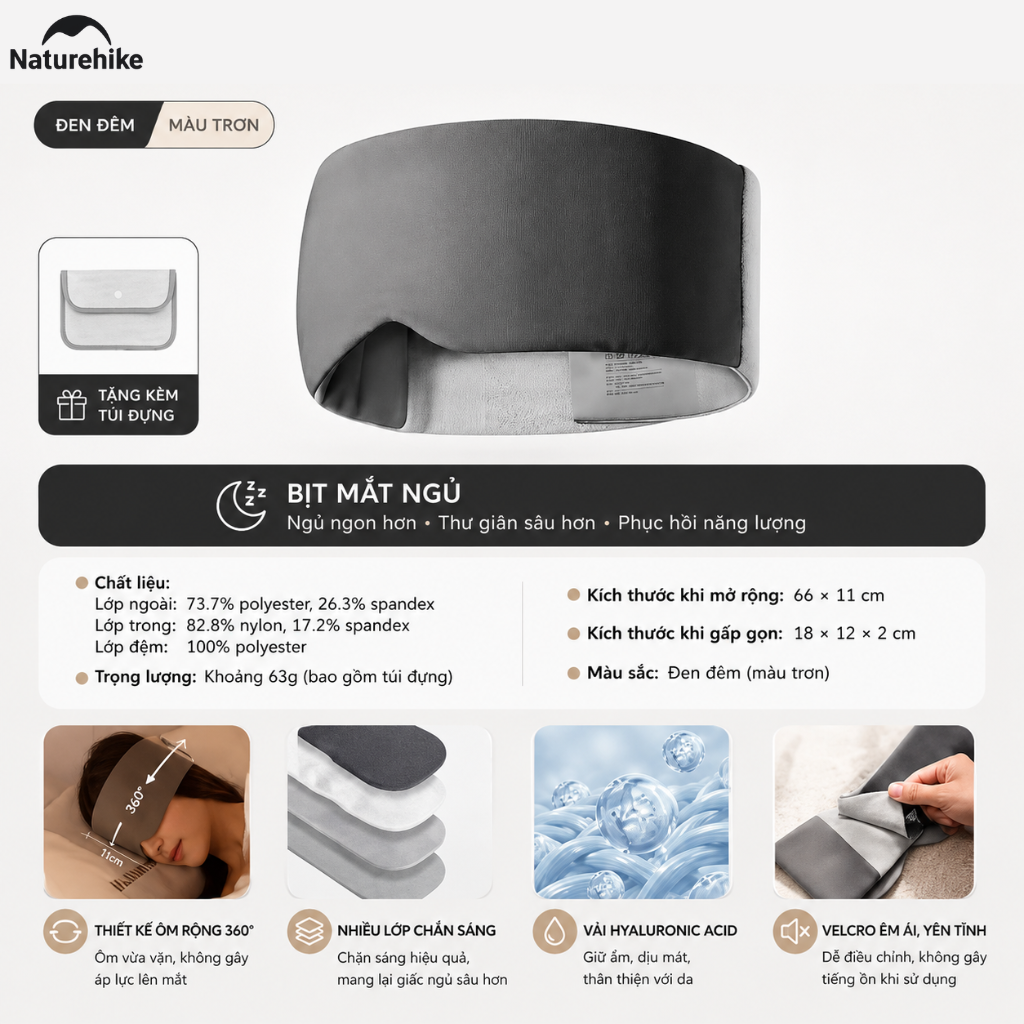 Bịt mắt ngủ Naturehike - Ôm trọn 360°, chắn sáng, velcro êm ái CNK2650PJ012