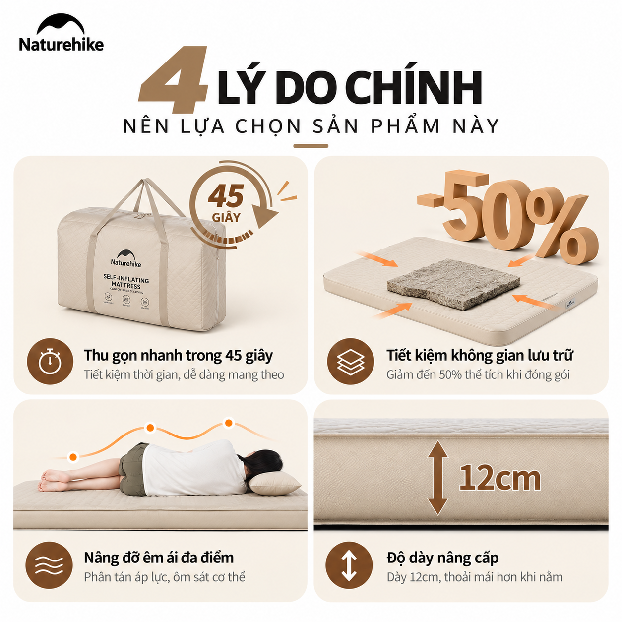 Đệm hơi tự bơm naturehike c12 – đệm ngủ camping 12cm, nhiều kích thước, êm ái & thoải mái CNK2300WS011