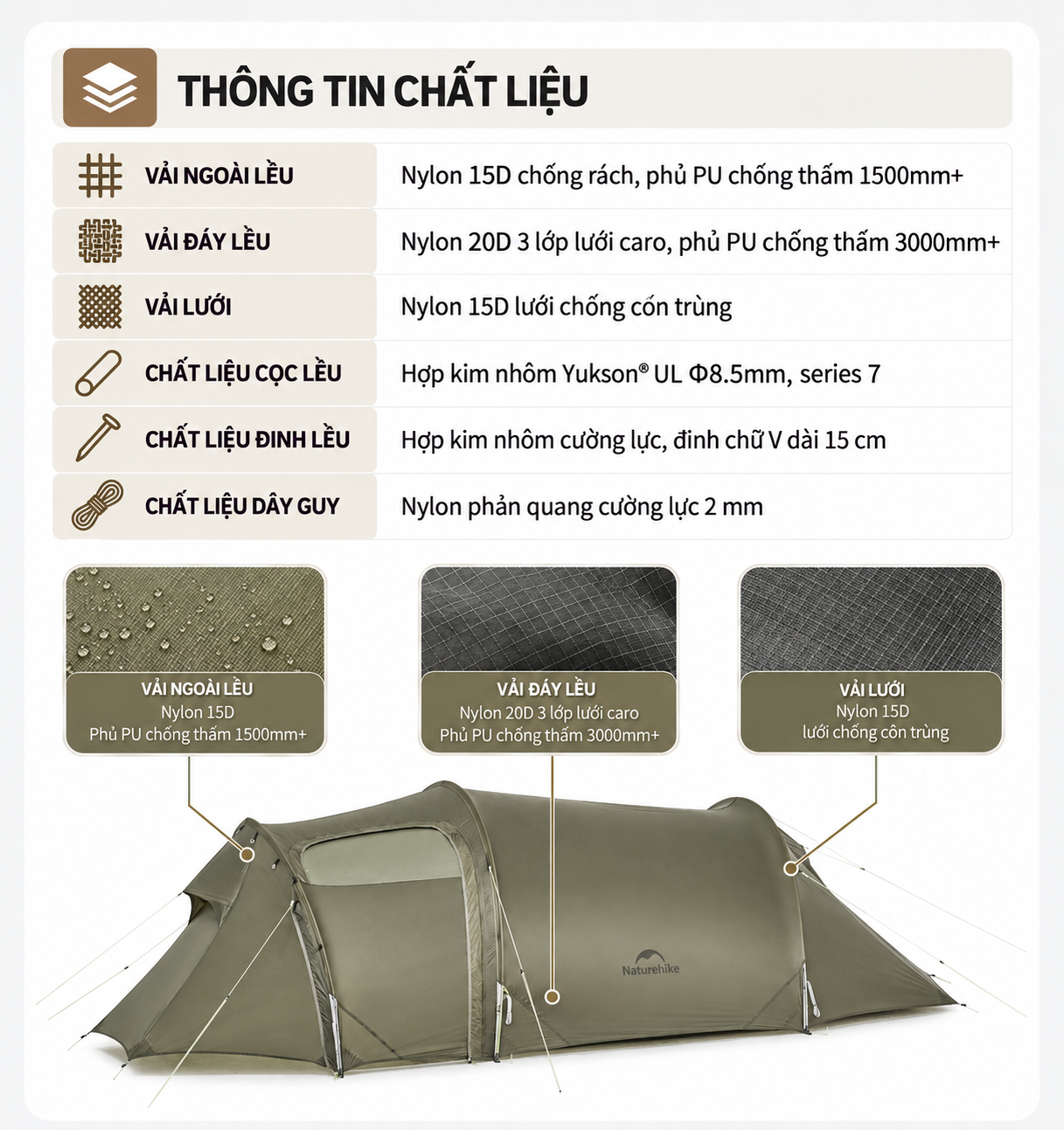 Lều Đường Hầm Naturehike 3 Người Siêu Nhẹ, Lều Camping 4 Mùa Nylon 15D Chống Thấm CNK2450WS036
