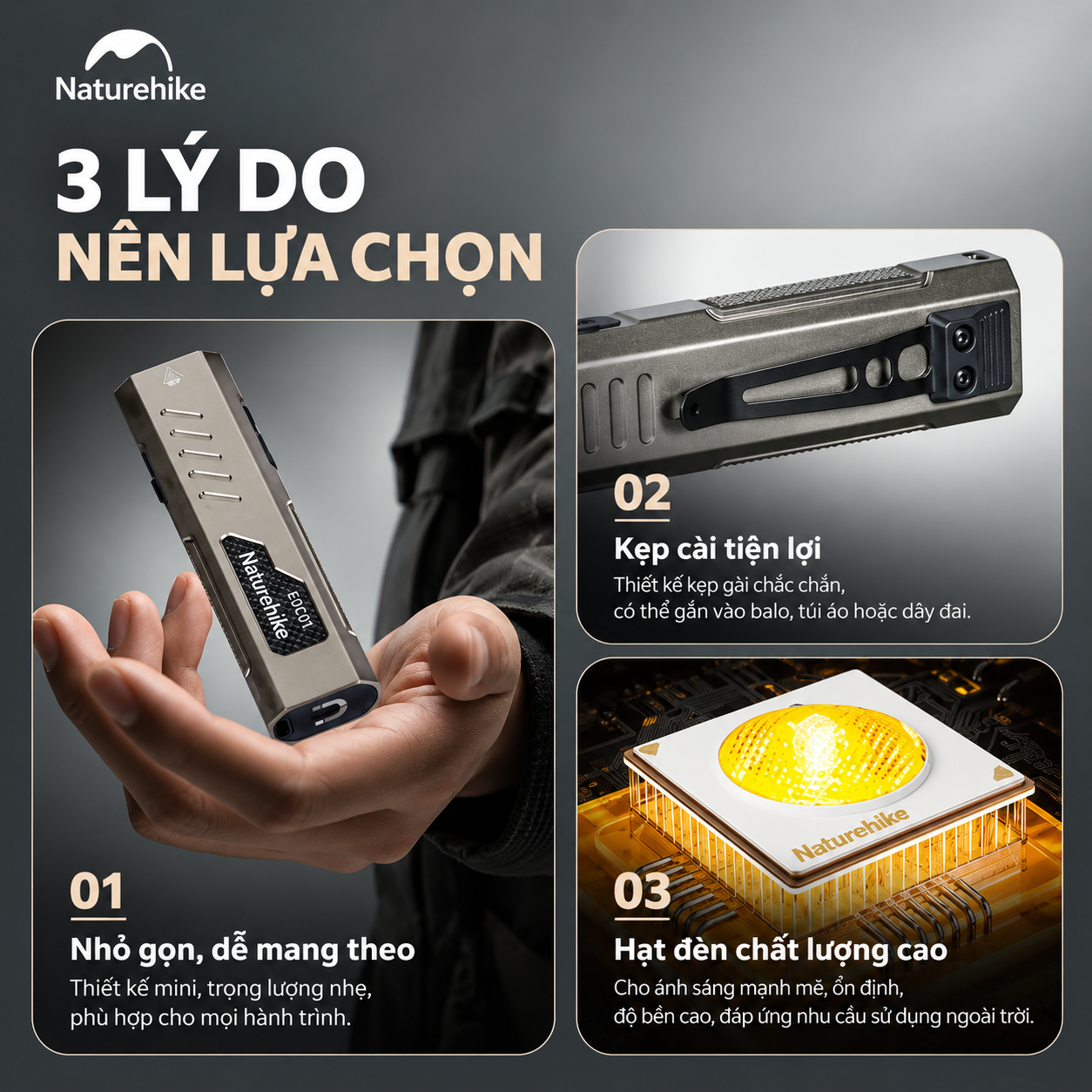 Đèn Pin Cầm Tay Naturehike EDC01 – 1500LM, Chiếu Xa 120m, Pin 1000mAh, IPX4, Sạc Type-C CNK2450ZM016