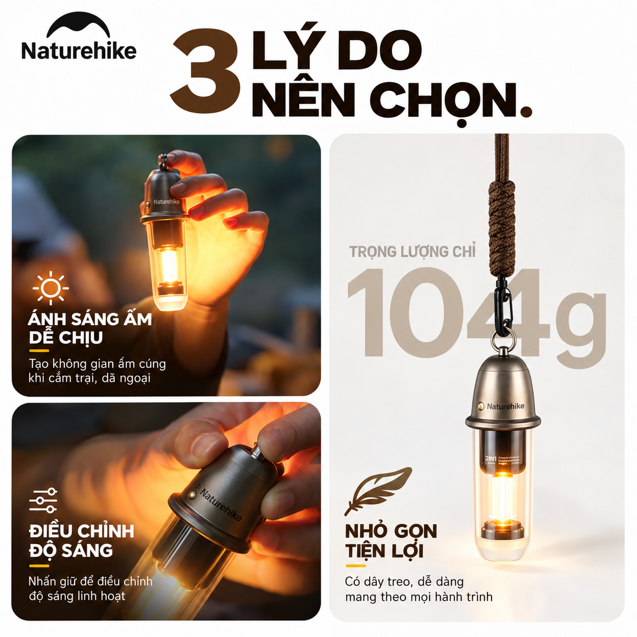 Đèn treo dã ngoại naturehike 2 trong 1 – Đèn camping mini, 2 chế độ sáng, Sạc Type-c CNK2350ZM010