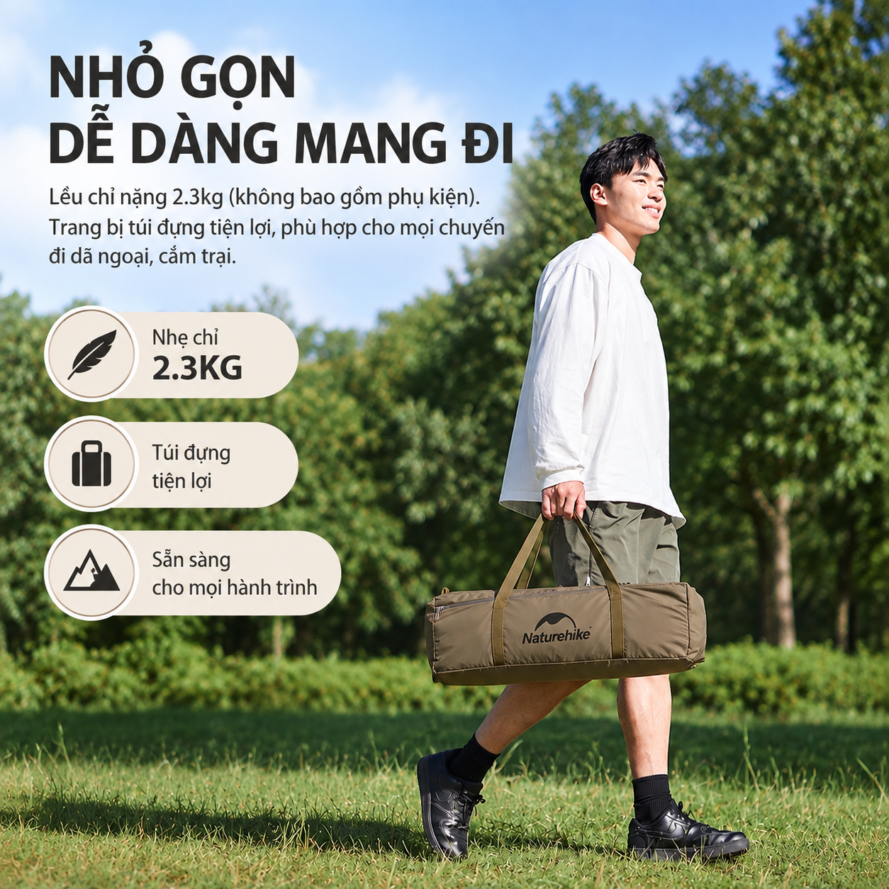 Lều Cắm Trại Naturehike 2-3 Người Siêu Nhẹ, Chống Nước PU2000mm+, UPF50+, Khung Nhôm 7001 CNK2300ZP024
