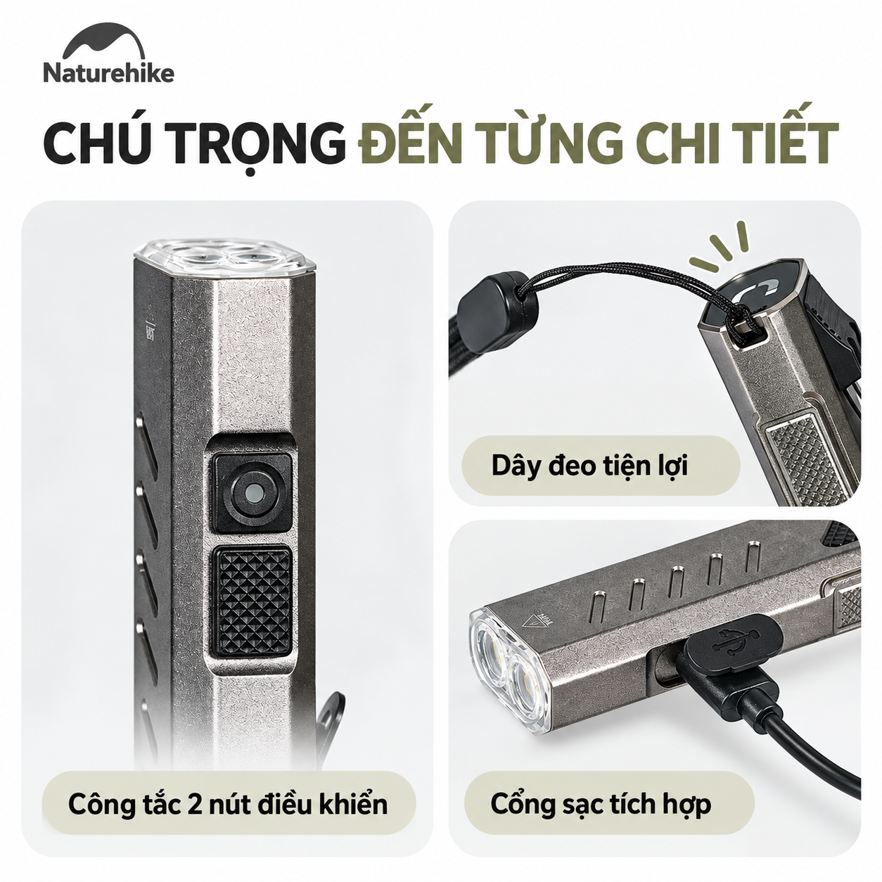 Đèn Pin Cầm Tay Naturehike EDC01 – 1500LM, Chiếu Xa 120m, Pin 1000mAh, IPX4, Sạc Type-C CNK2450ZM016
