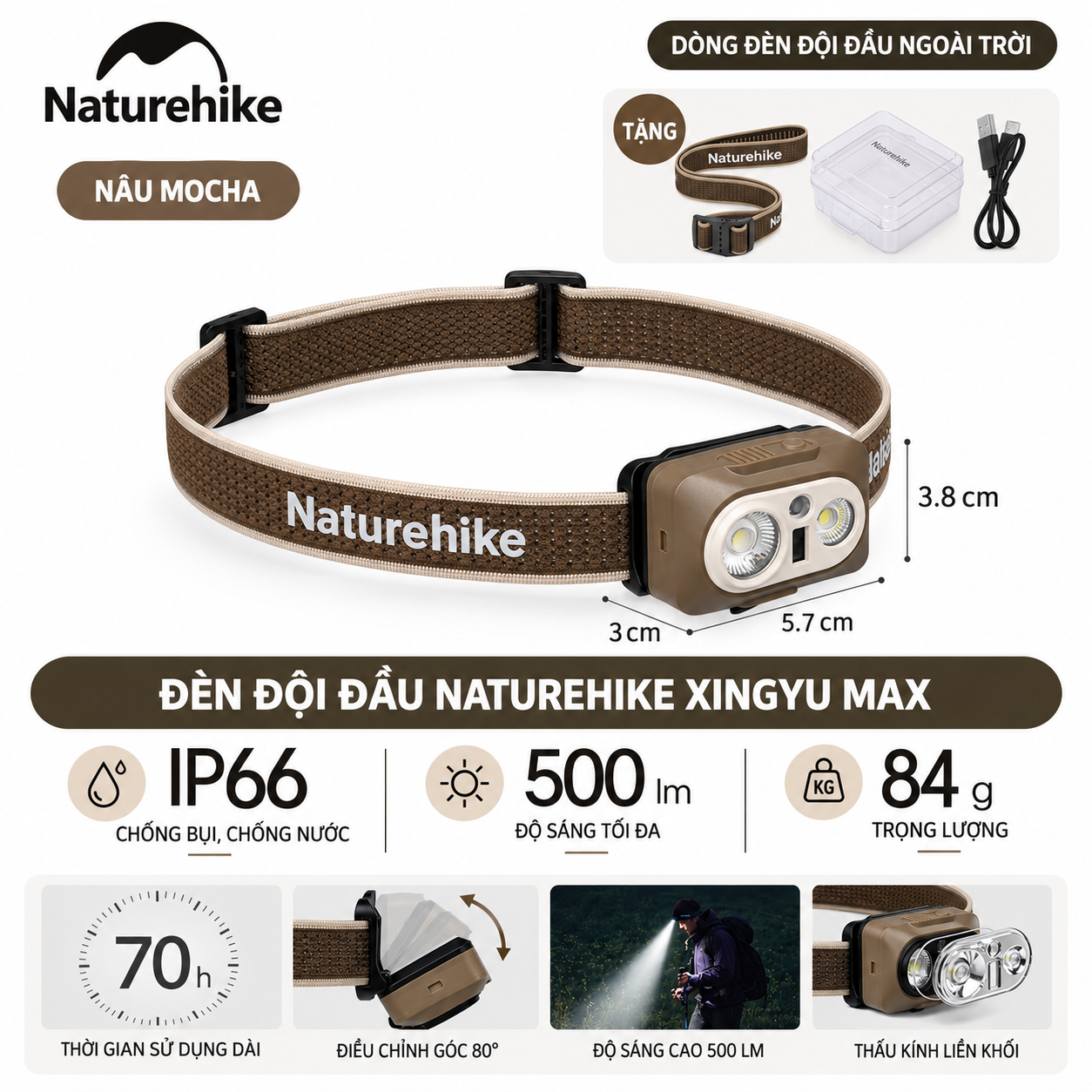 Đèn Đội Đầu Naturehike Xingyu Max – 500LM | IP66 | 84g | Type-C CNK2450ZM010