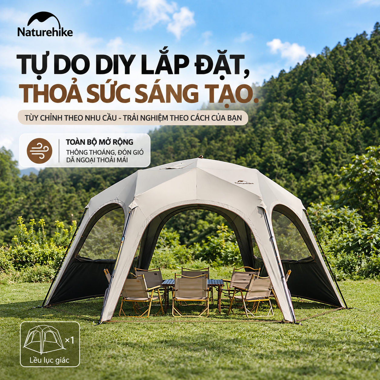 Lều Mái Vòm Lục Giác Naturehike 14m², Lều Cắm Trại Dã Ngoại Gia Đình Chống Nắng Chống Thấm CNK230WS014