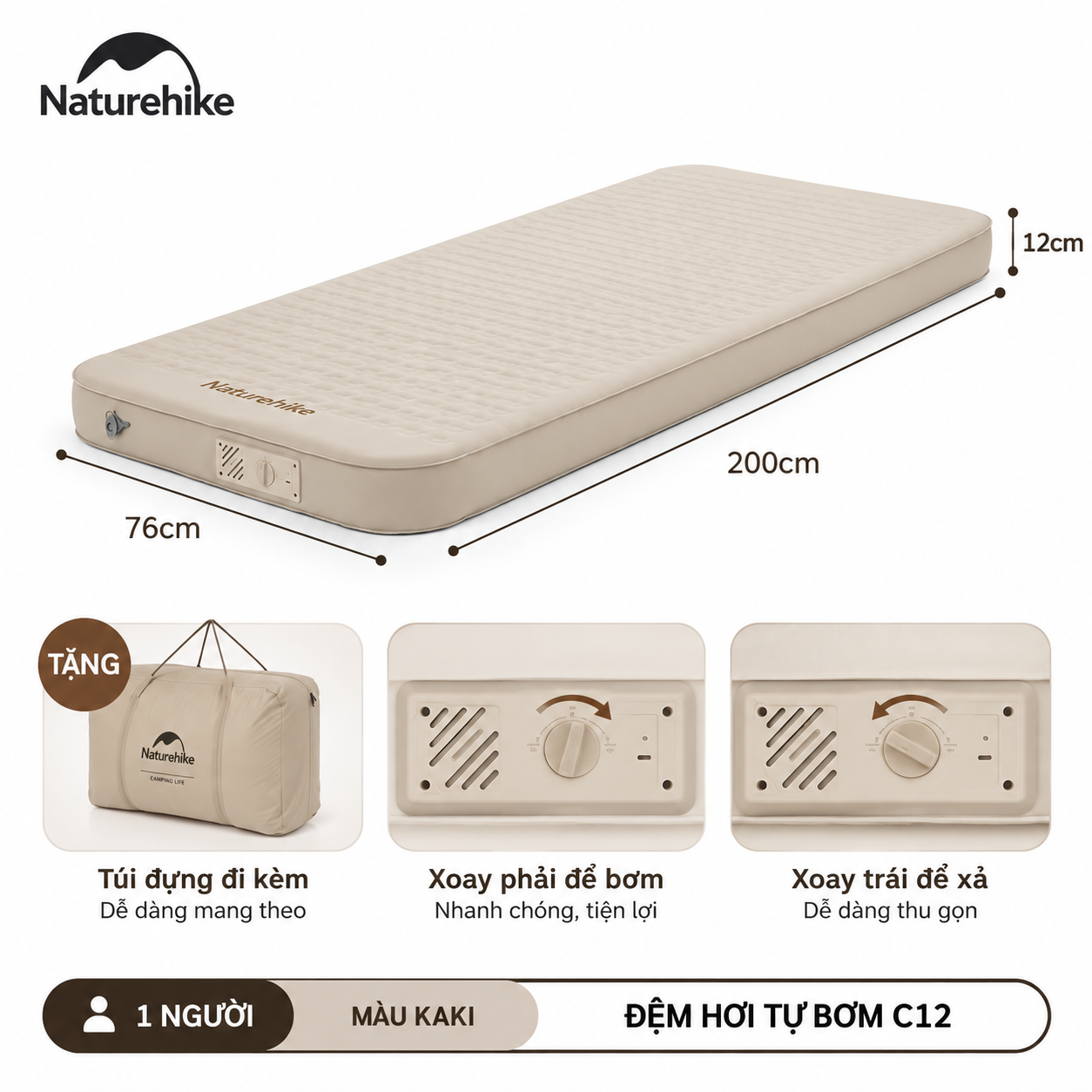 Đệm hơi tự bơm naturehike c12 – đệm ngủ camping 12cm, nhiều kích thước, êm ái & thoải mái CNK2300WS011