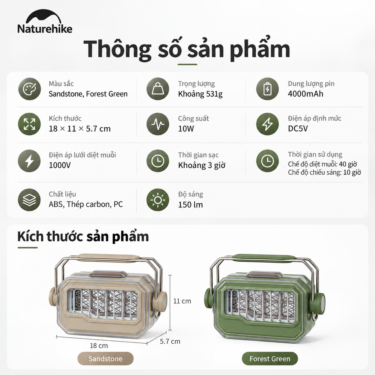 Đèn Diệt Muỗi Cắm Trại Naturehike Moon Companion 4000mAh – 150lm, 1000V, Sạc Type-C, 40 Giờ CNK2550ZM013