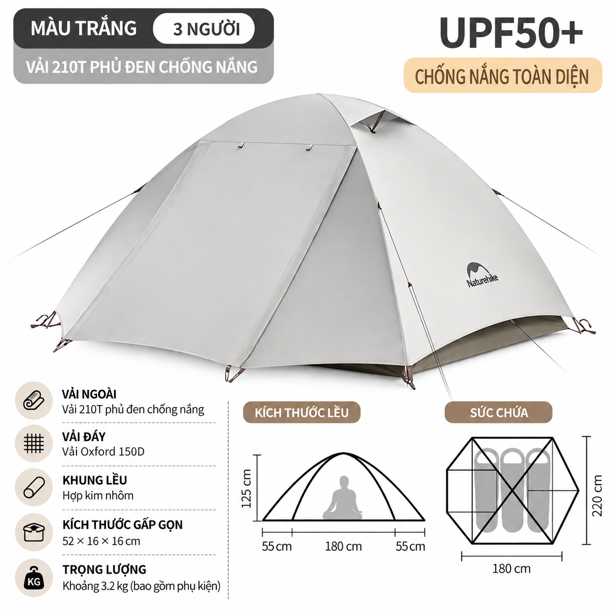 Lều Cắm Trại Naturehike 2-3 Người Siêu Nhẹ, Chống Nước PU2000mm+, UPF50+, Khung Nhôm 7001 CNK2300ZP024