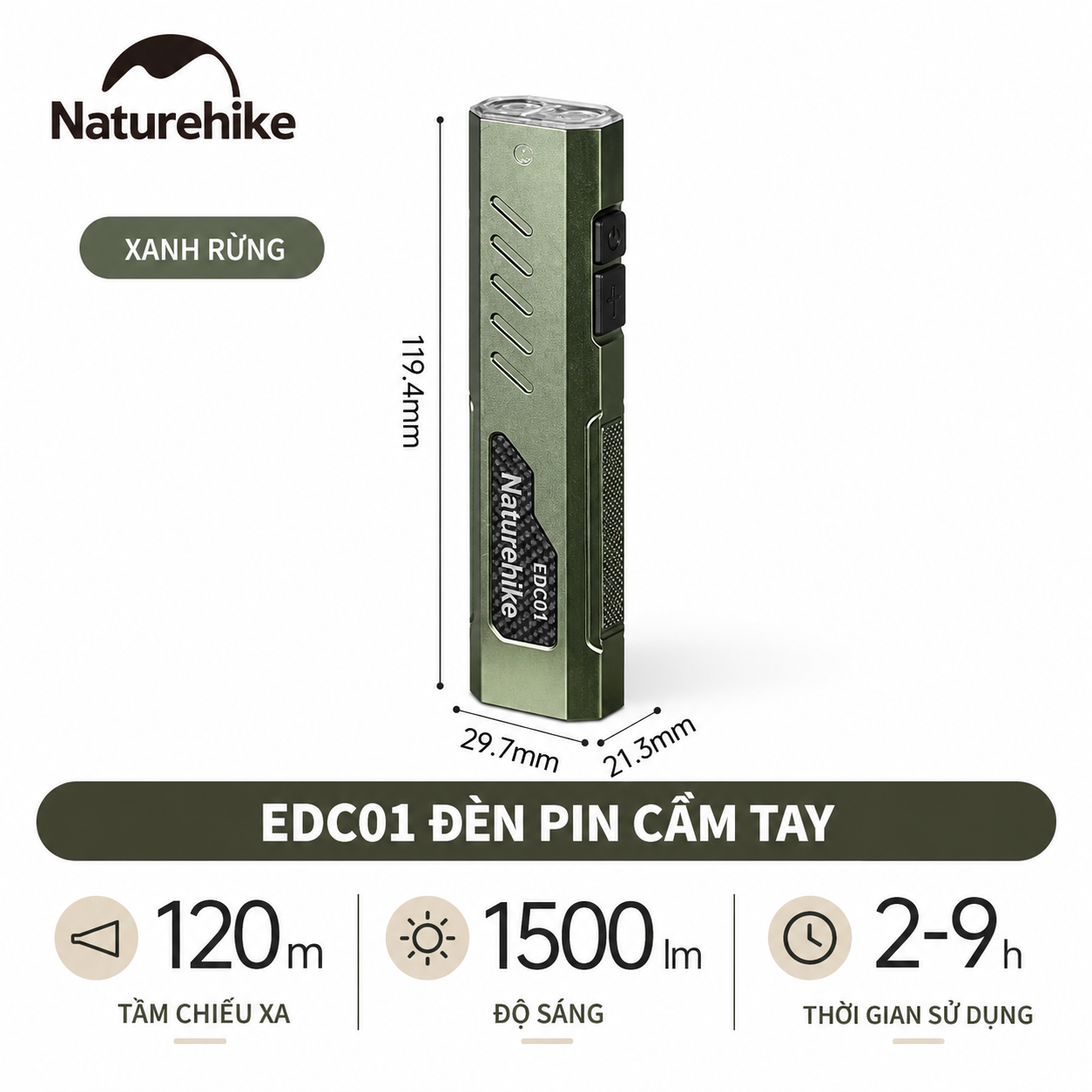 Đèn Pin Cầm Tay Naturehike EDC01 – 1500LM, Chiếu Xa 120m, Pin 1000mAh, IPX4, Sạc Type-C CNK2450ZM016