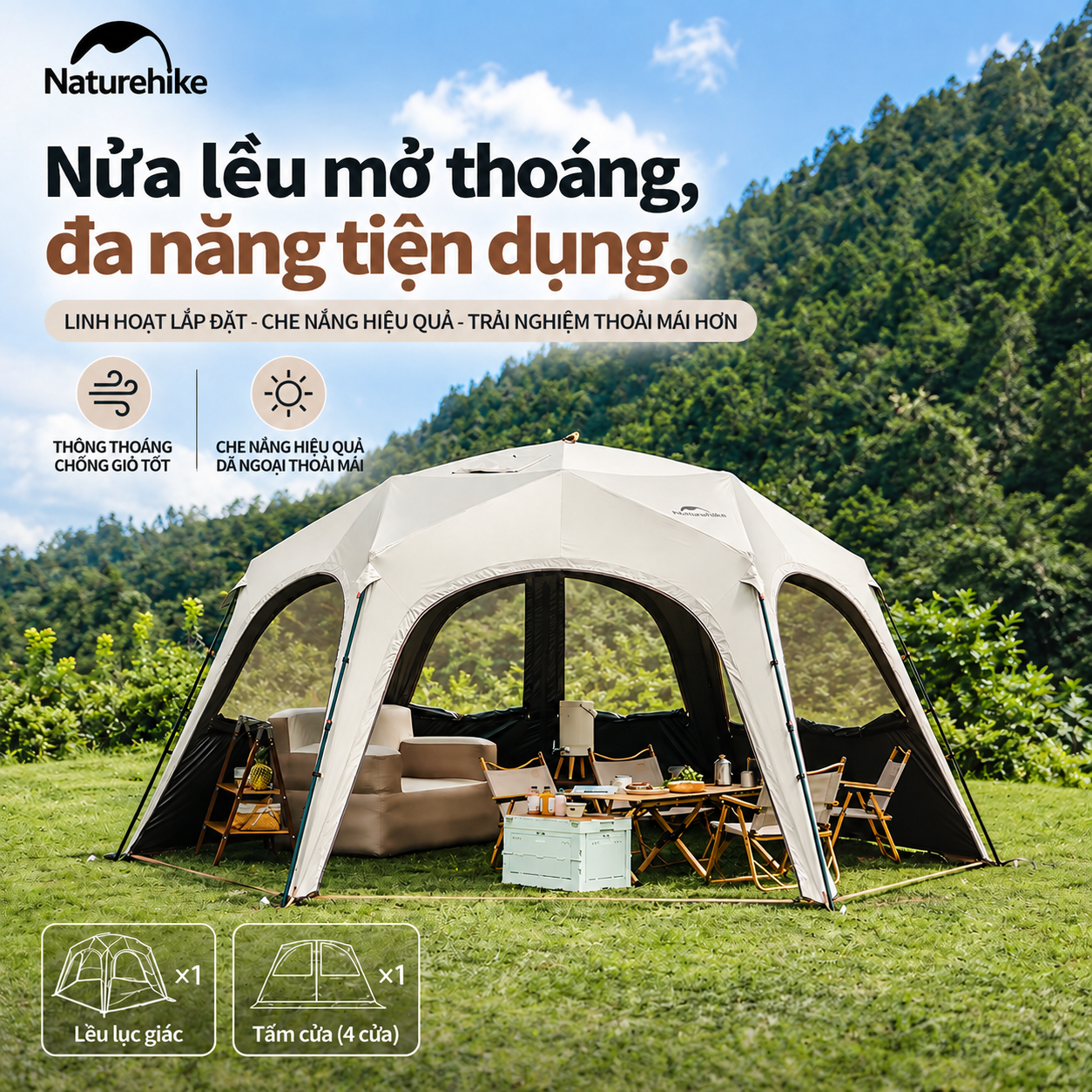 Lều Mái Vòm Lục Giác Naturehike 14m², Lều Cắm Trại Dã Ngoại Gia Đình Chống Nắng Chống Thấm CNK230WS014