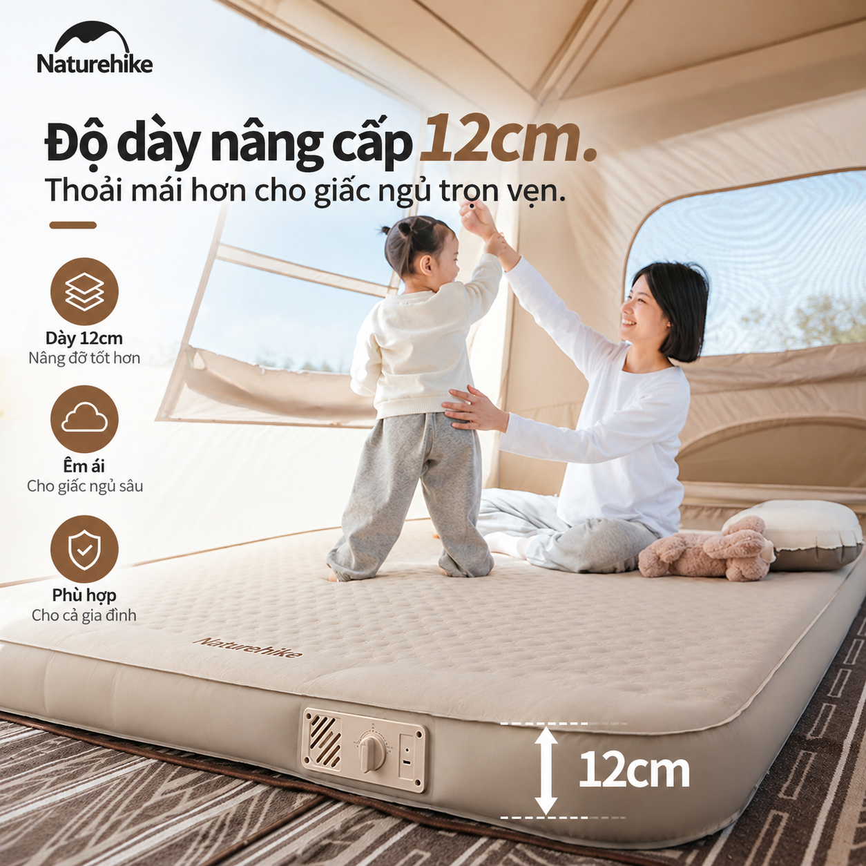 Đệm hơi tự bơm naturehike c12 – đệm ngủ camping 12cm, nhiều kích thước, êm ái & thoải mái CNK2300WS011