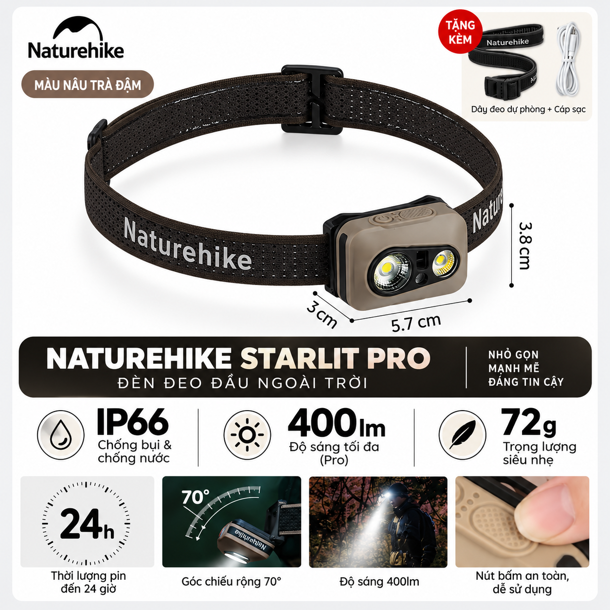 Đèn Đội Đầu Naturehike Starlit Pro – 400LM, 1200mAh, IP66, Cảm Biến Vẫy Tay, Góc Chiếu 70° CNK2450ZM015