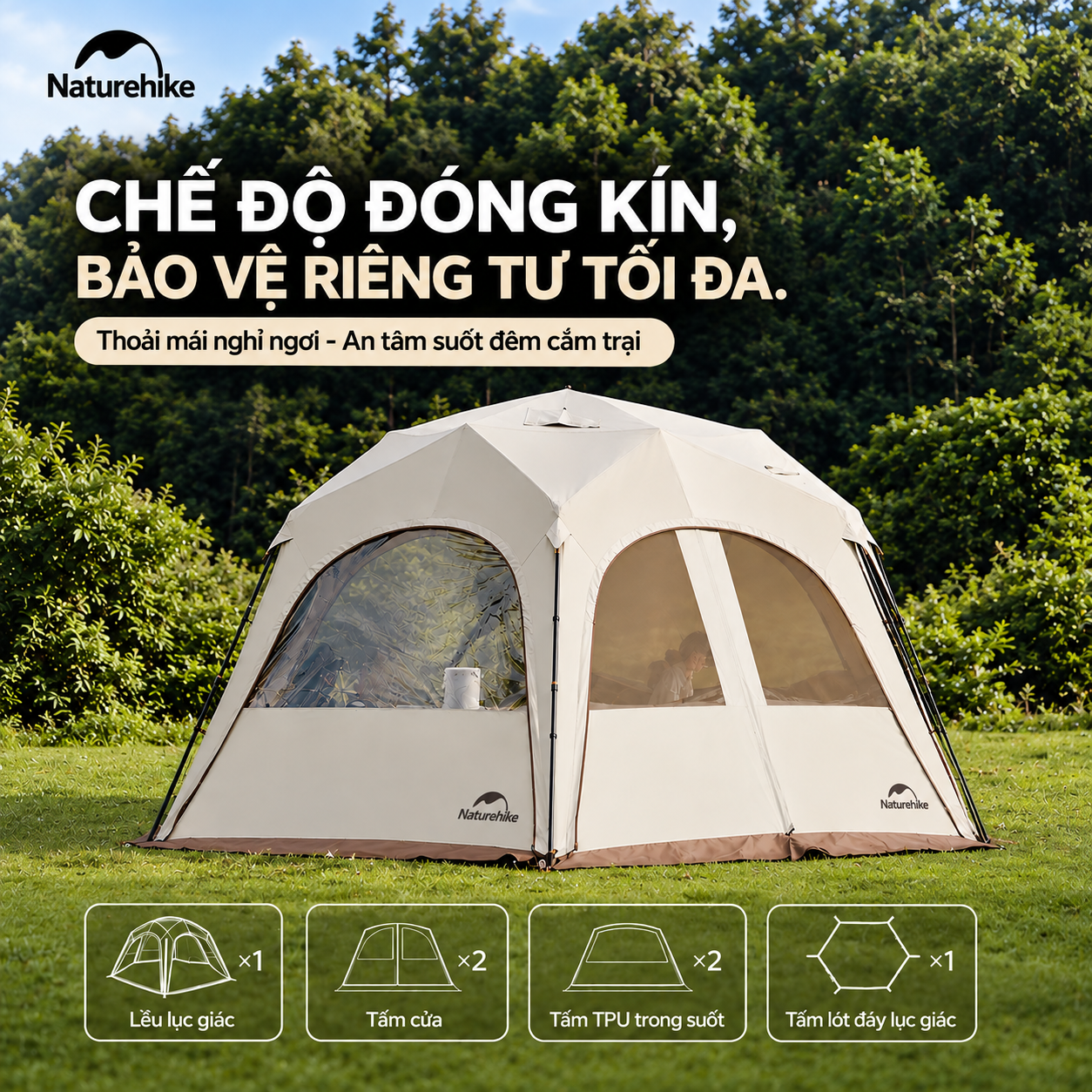Lều Mái Vòm Lục Giác Naturehike 14m², Lều Cắm Trại Dã Ngoại Gia Đình Chống Nắng Chống Thấm CNK230WS014