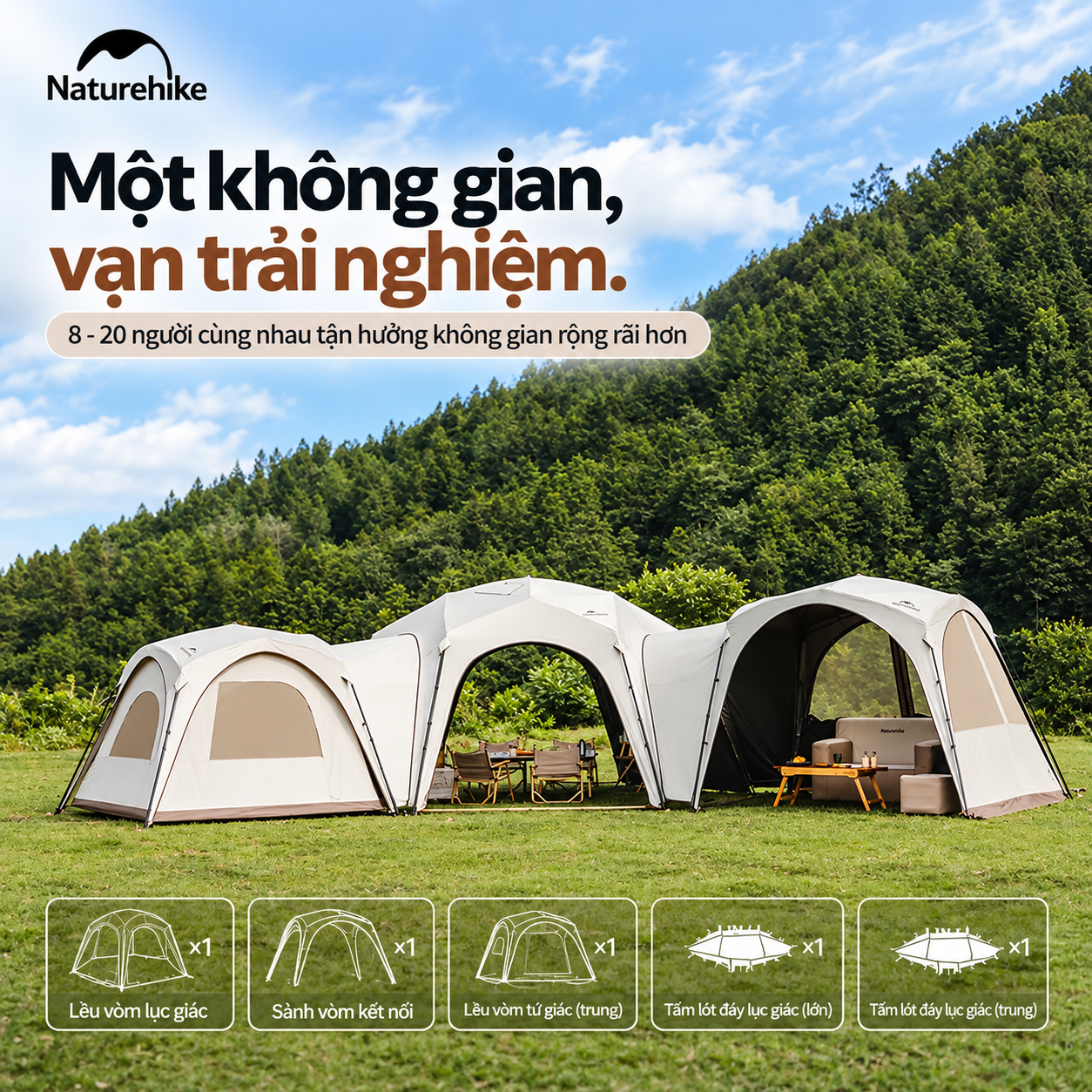 Lều Mái Vòm Lục Giác Naturehike 14m², Lều Cắm Trại Dã Ngoại Gia Đình Chống Nắng Chống Thấm CNK230WS014