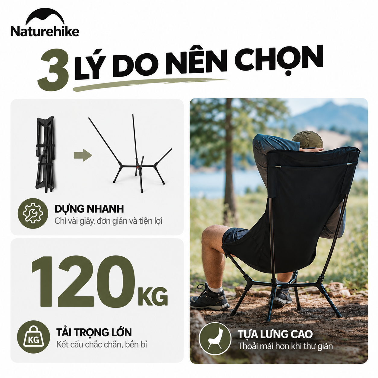 Ghế Dã Ngoại Naturehike YL01 – Tựa Lưng Cao, Đệm Êm, Gấp Gọn CNK2550JJ013