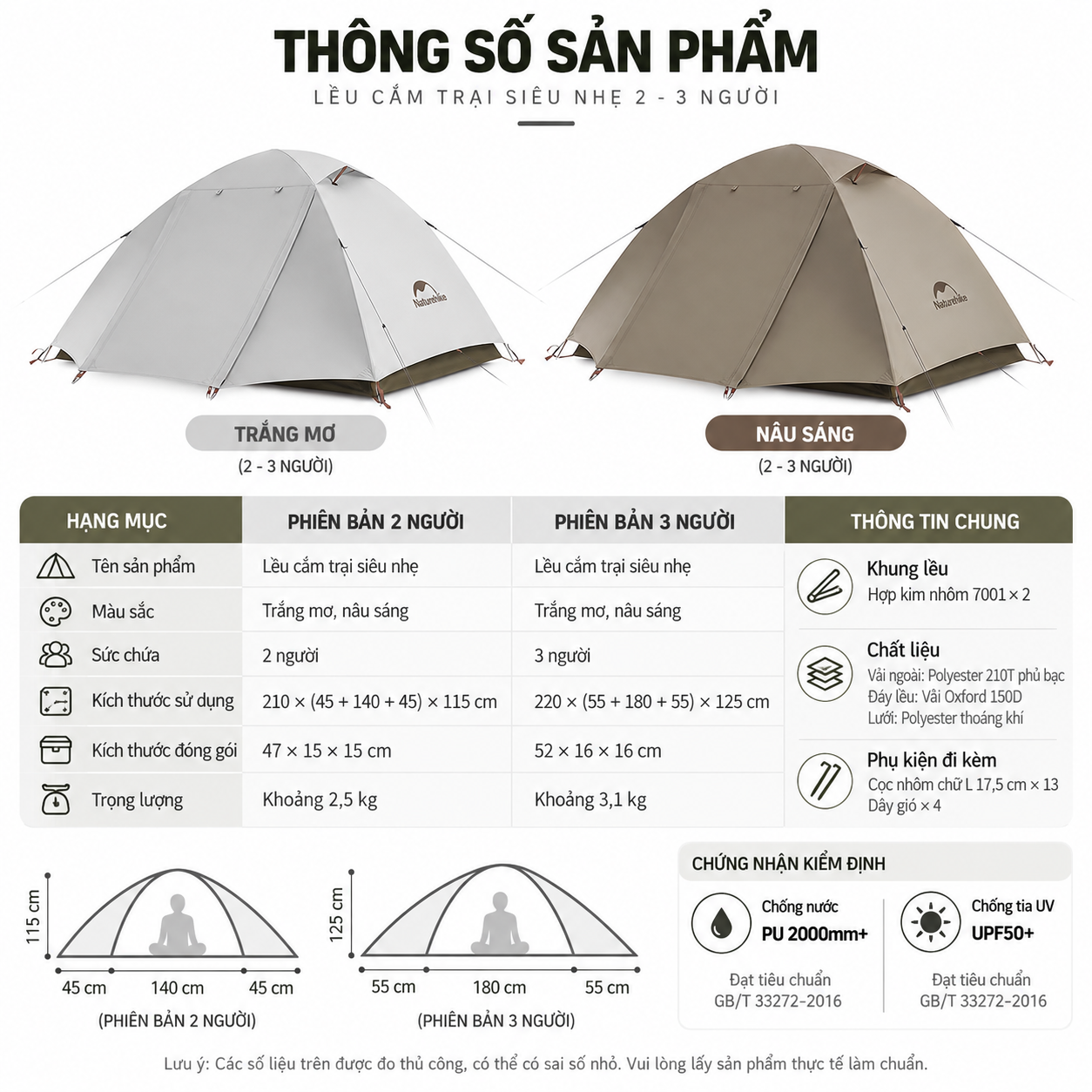 Lều Cắm Trại Naturehike 2-3 Người Siêu Nhẹ, Chống Nước PU2000mm+, UPF50+, Khung Nhôm 7001 CNK2300ZP024