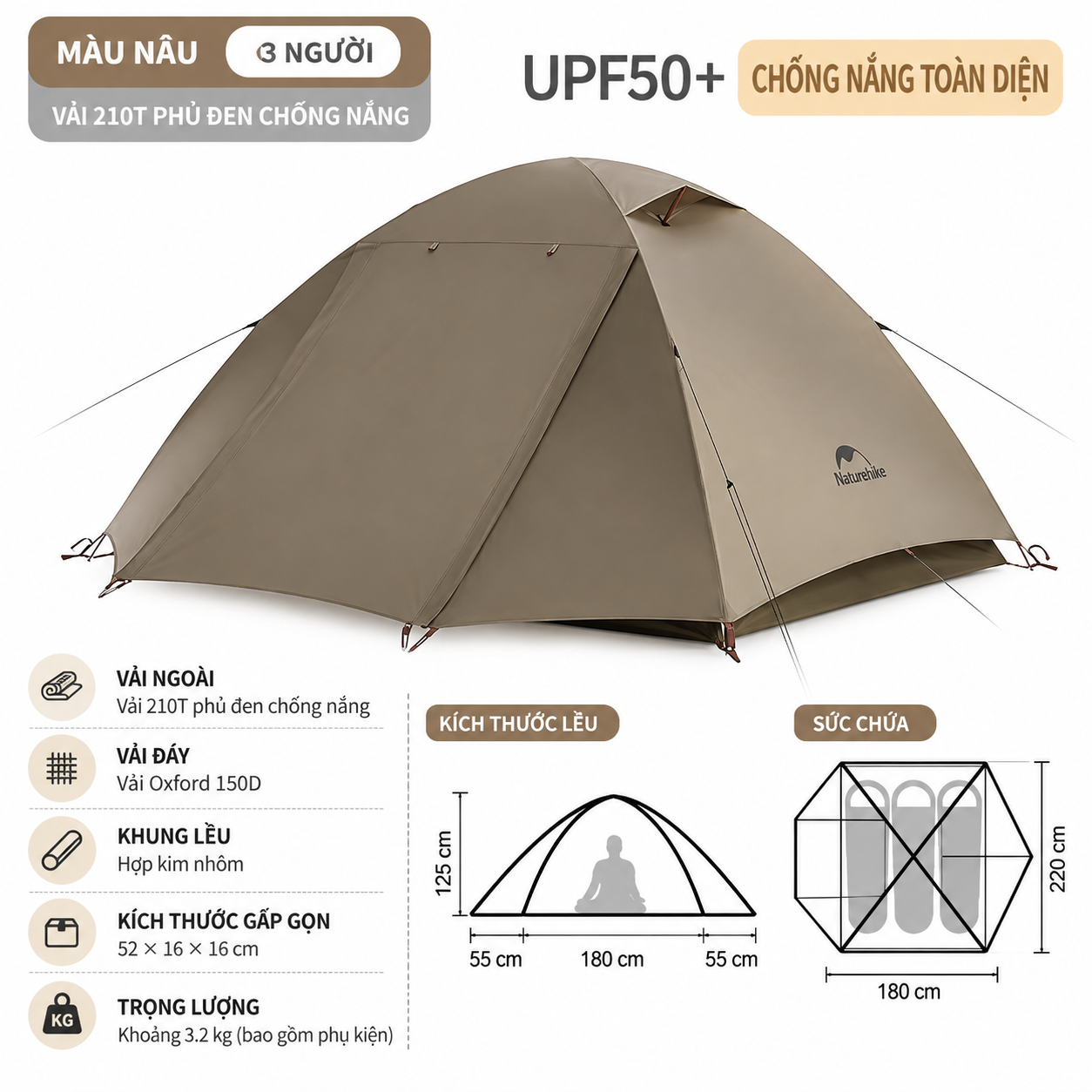 Lều Cắm Trại Naturehike 2-3 Người Siêu Nhẹ, Chống Nước PU2000mm+, UPF50+, Khung Nhôm 7001 CNK2300ZP024