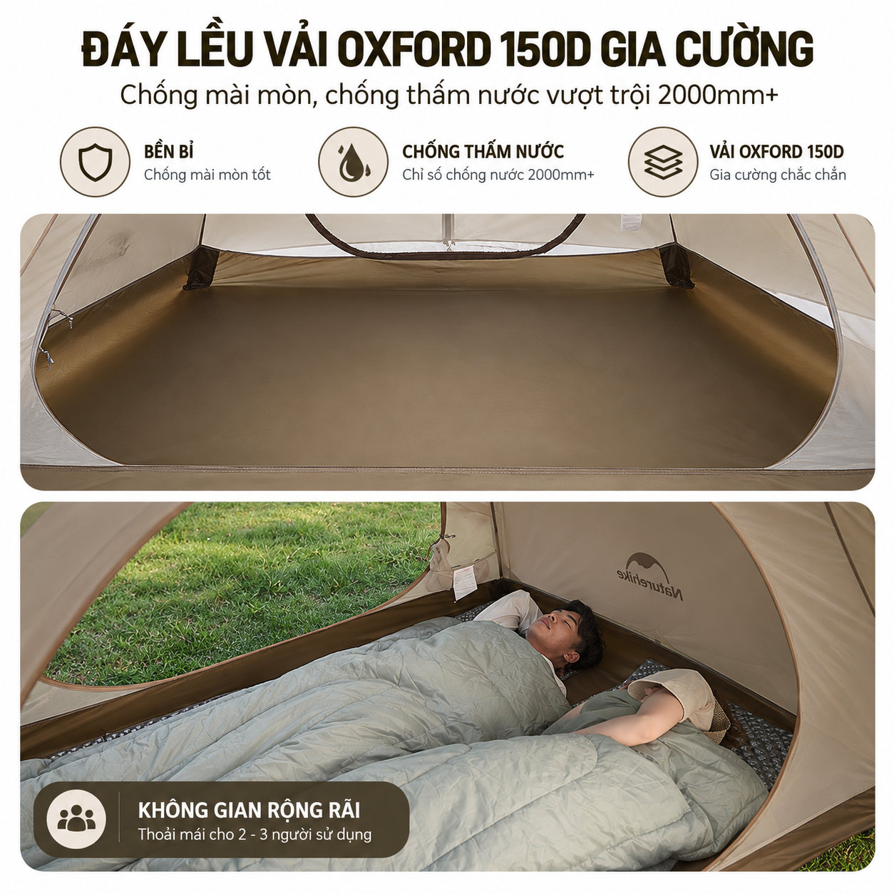 Lều Cắm Trại Naturehike 2-3 Người Siêu Nhẹ, Chống Nước PU2000mm+, UPF50+, Khung Nhôm 7001 CNK2300ZP024