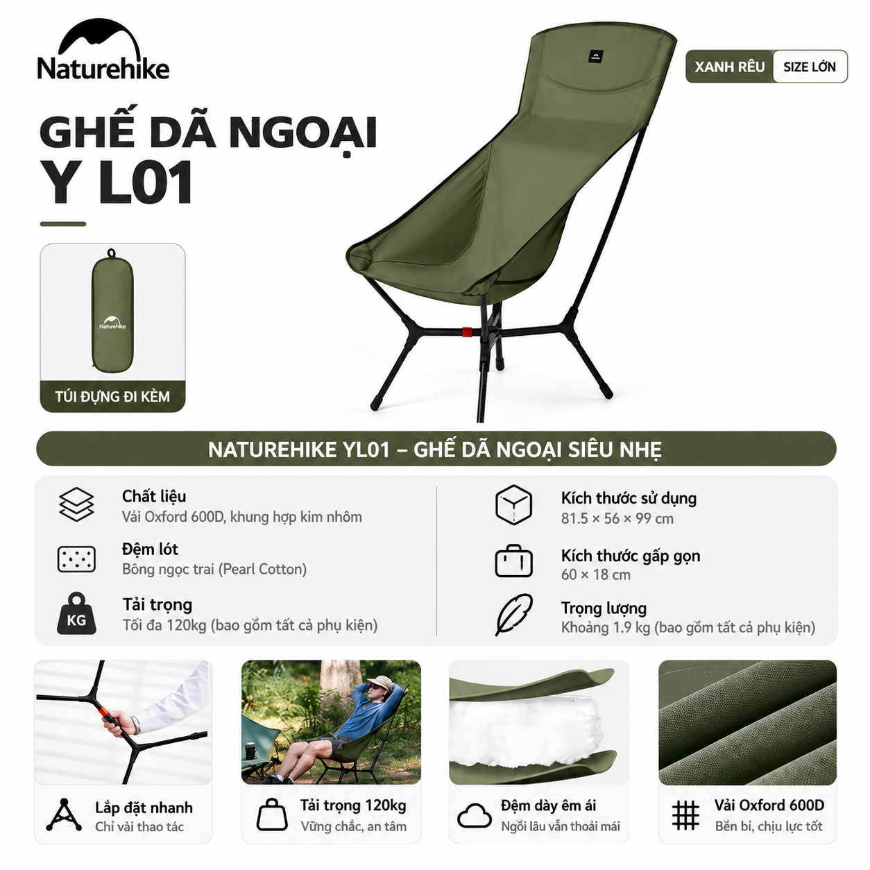 Ghế Dã Ngoại Naturehike YL01 – Tựa Lưng Cao, Đệm Êm, Gấp Gọn CNK2550JJ013