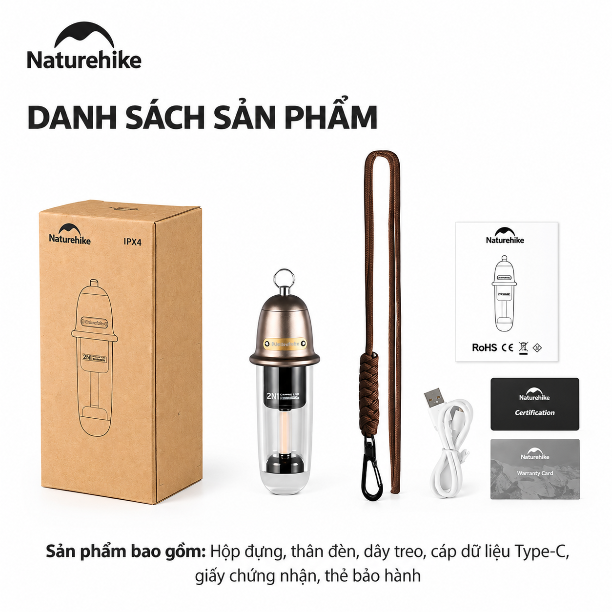Đèn treo dã ngoại naturehike 2 trong 1 – Đèn camping mini, 2 chế độ sáng, Sạc Type-c CNK2350ZM010