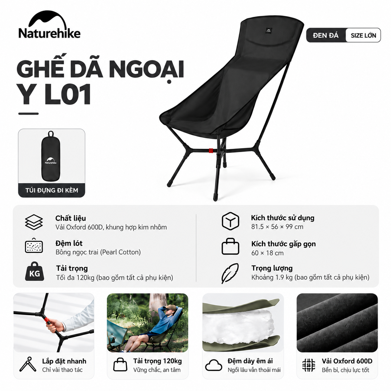 Ghế Dã Ngoại Naturehike YL01 – Tựa Lưng Cao, Đệm Êm, Gấp Gọn CNK2550JJ013