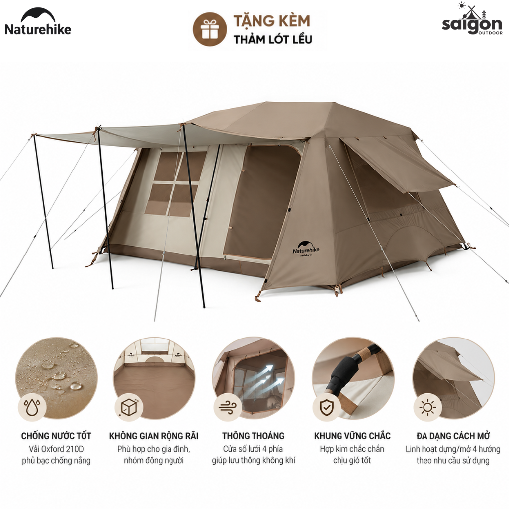 Lều Cắm Trại Naturehike Village 13 Tự Động, Lều Gia Đình 4-6 Người Rộng Rãi, Oxford 210D Tiblack Chống Nắng CNH22ZP004