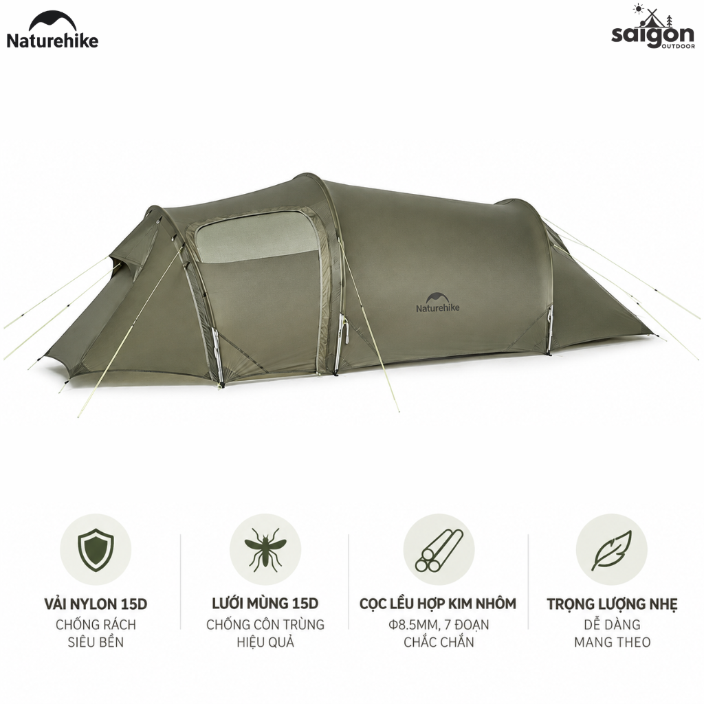 Lều Đường Hầm Naturehike 3 Người Siêu Nhẹ, Lều Camping 4 Mùa Nylon 15D Chống Thấm CNK2450WS036